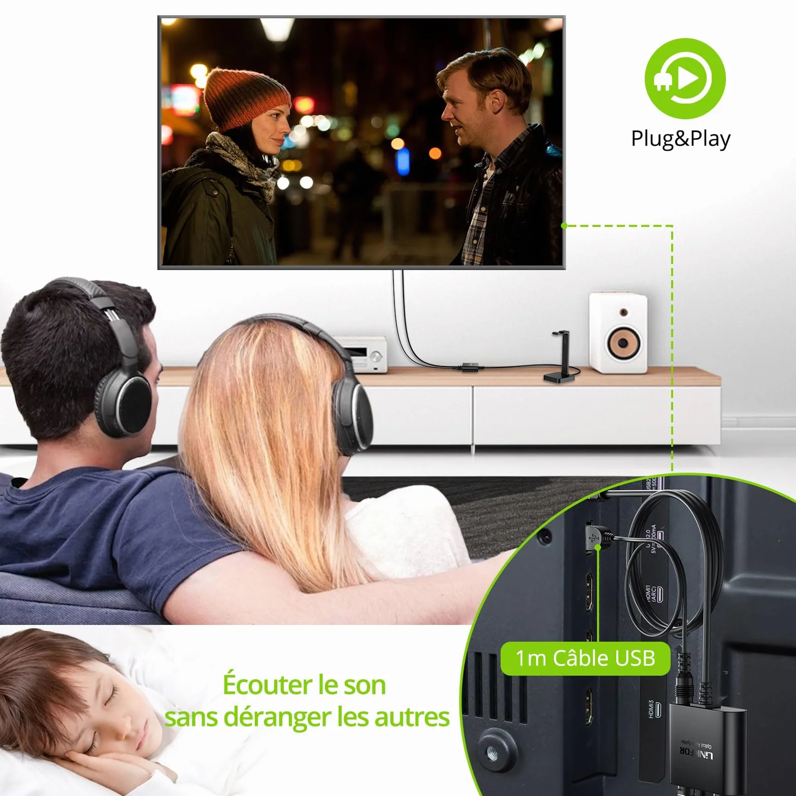 LiNKFOR Répartiteur Optique Toslink 1 Entrée 2 Sorties Câble Intégré 1m Actif avec Alimentation USB Chipset Stable Support LPCM/DTS/Dolby Digital Transmission 40m Pour Barre de Son et Casque Sans Fil