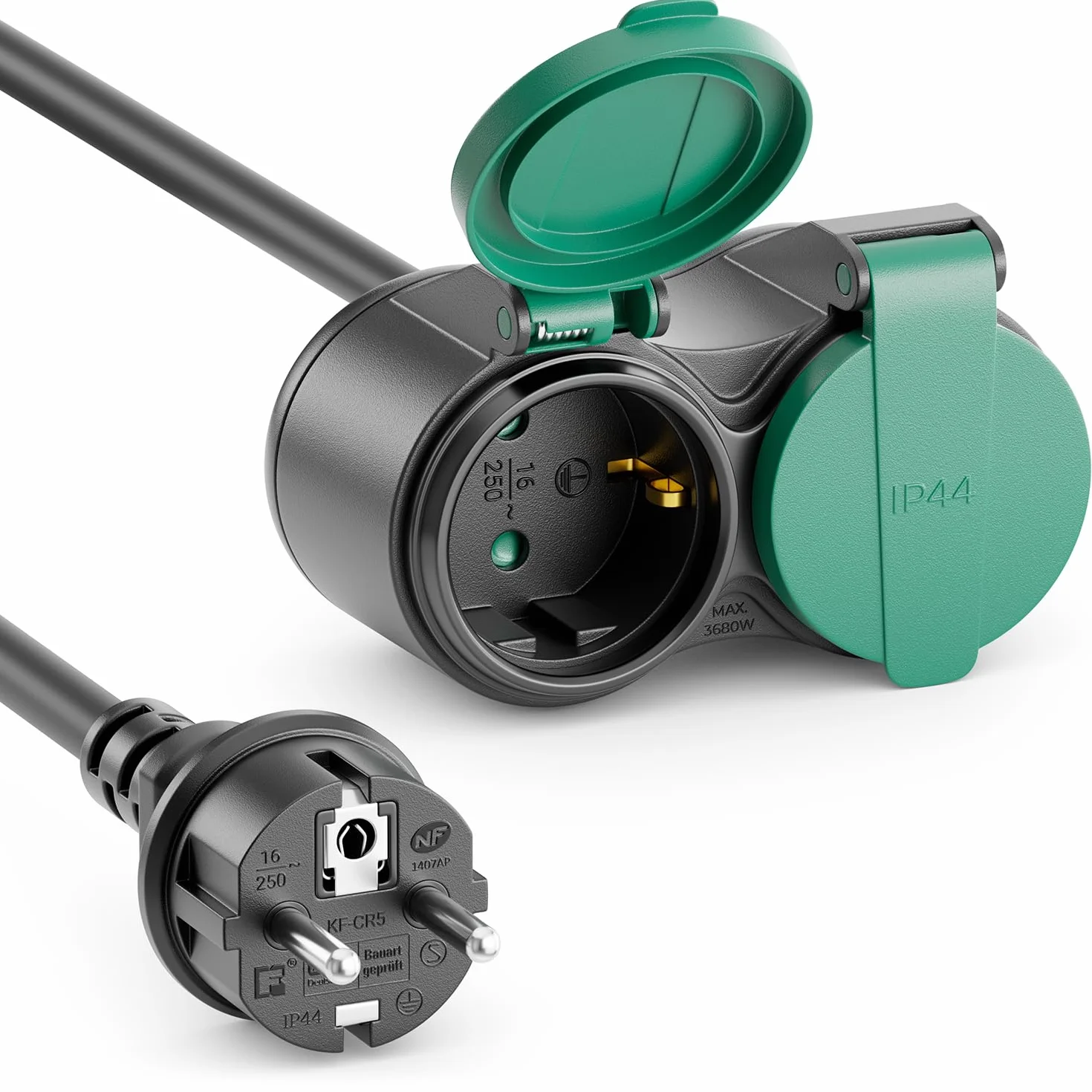 deleyCON 2m Câble Rallonge Extérieur Électrique IP44 (H07RN-F 3G1.5mm²) Câble D’Alimentation en Caoutchouc Résistant aux Intempéries - Fiche avec Contact de Protection vers 2 Prises - Noir