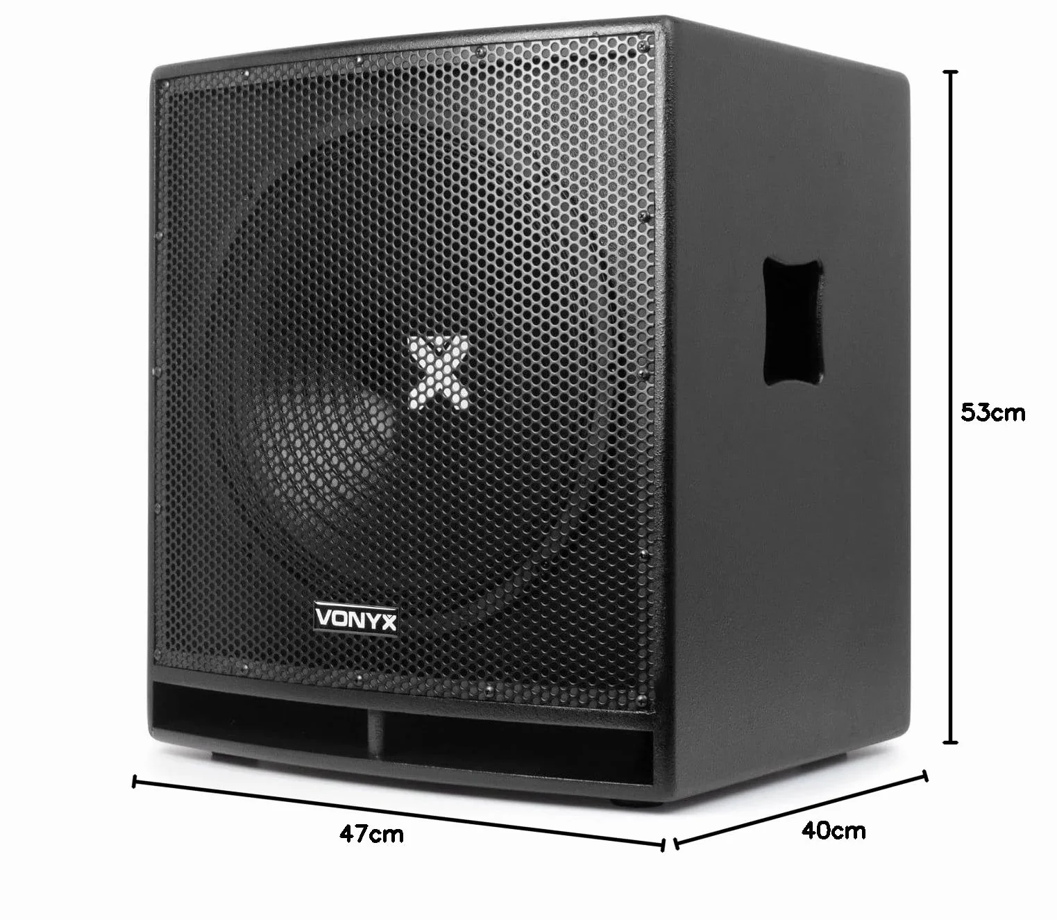VONYX SWP15 Caisson de Basse Actif 800W, Phase Réglable, Entrée/Sortie XLR + RCA, Amplificateur Intégré, Insert sur la Face Supérieure pour Enceinte Active, Grave 15", Idéal pour DJ Mobile