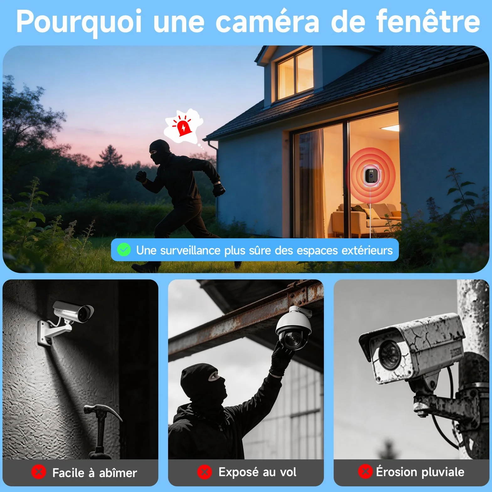 fanxiang Caméra de Surveillance Intérieure 3MP 2K HD pour Fenêtre | WiFi & Bluetooth, Caméra Connectée avec Vision Nocturne Couleur, Enregistrement 24/7, Détection de Mouvement, Audio