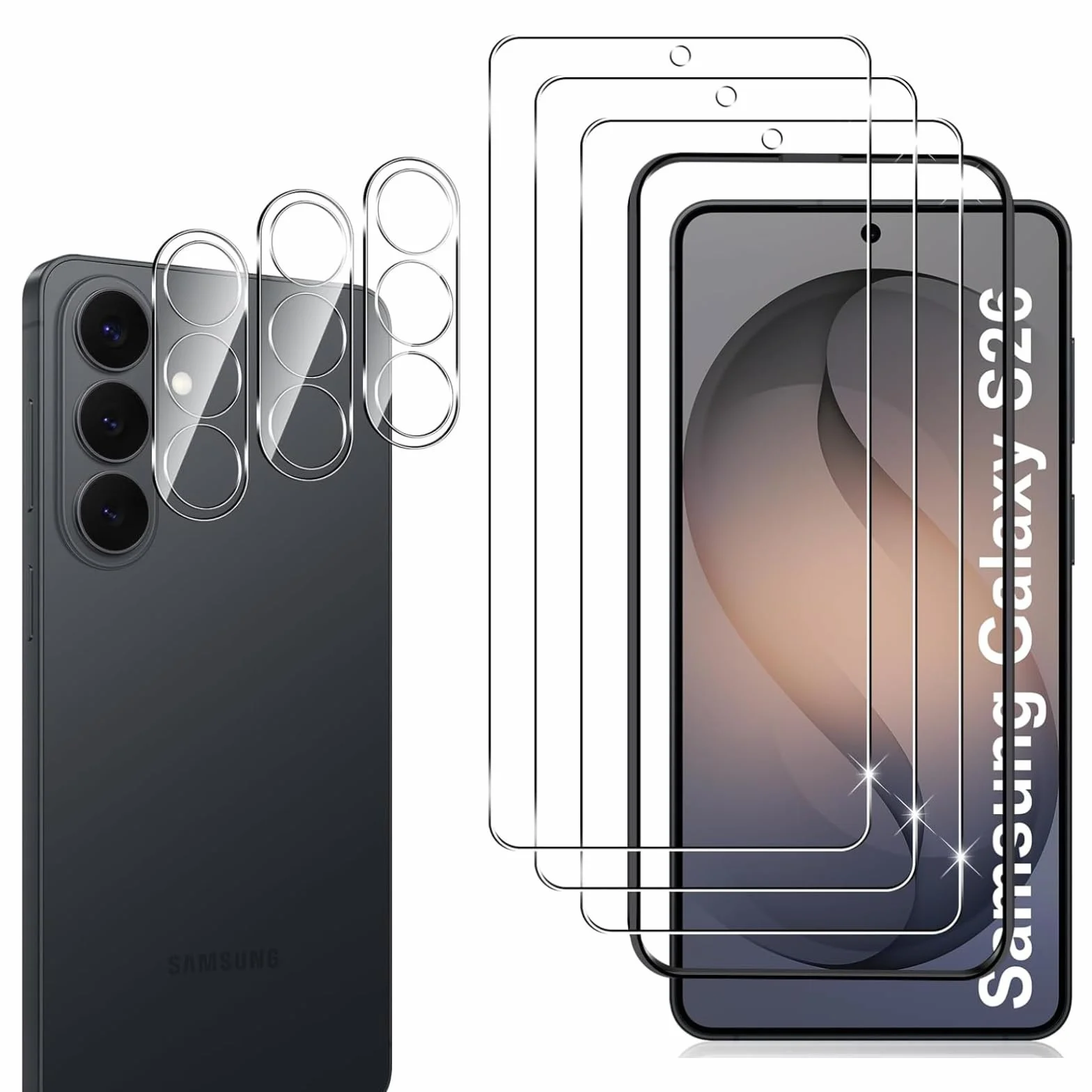 3 Pièces Verre Trempé pour Samsung Galaxy S26 avec 3 Pièces Caméra Arrière Protection Accessoire, 9H Dureté, Avec Outil D'alignement Facile, Anti-Rayures, Sans Bulles Protection écran