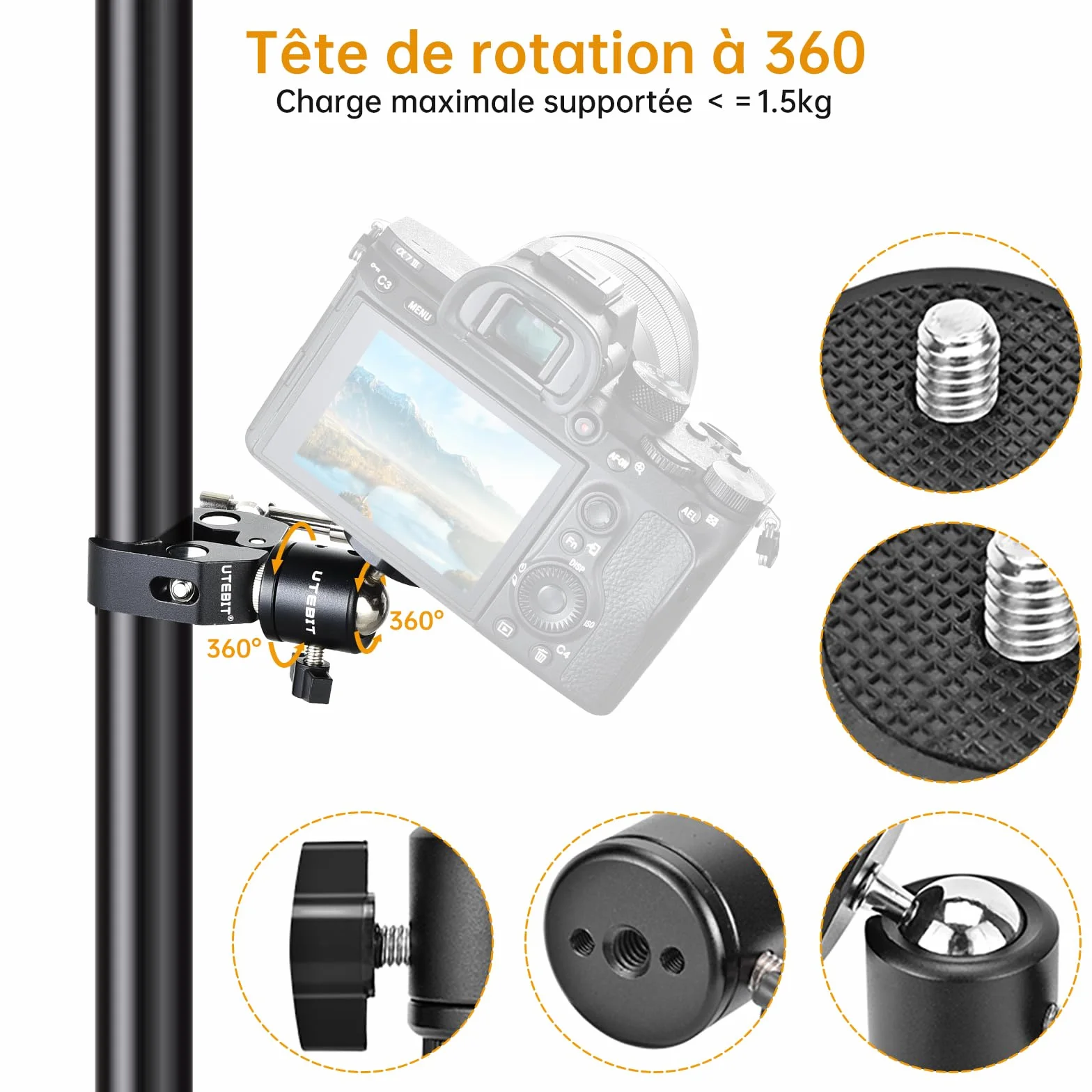 UTEBIT Pince Trépied Bras Magique, Super Clamp avec Rotule Pivotante à 360° en Alliage Aluminium, Bras Articulé Support pour Appareil Photo, Lampe Vidéo, et Caméra Action