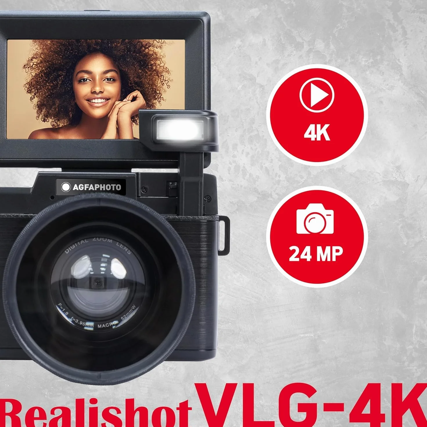 AgfaPhoto Realishot VLG-4K Kit Vlogging - Caméra 24MP, Vidéo 4K, Ecran LCD 3'', Zoom Numérique 16X, Capteur CMOS, Batterie Lithium - Noir