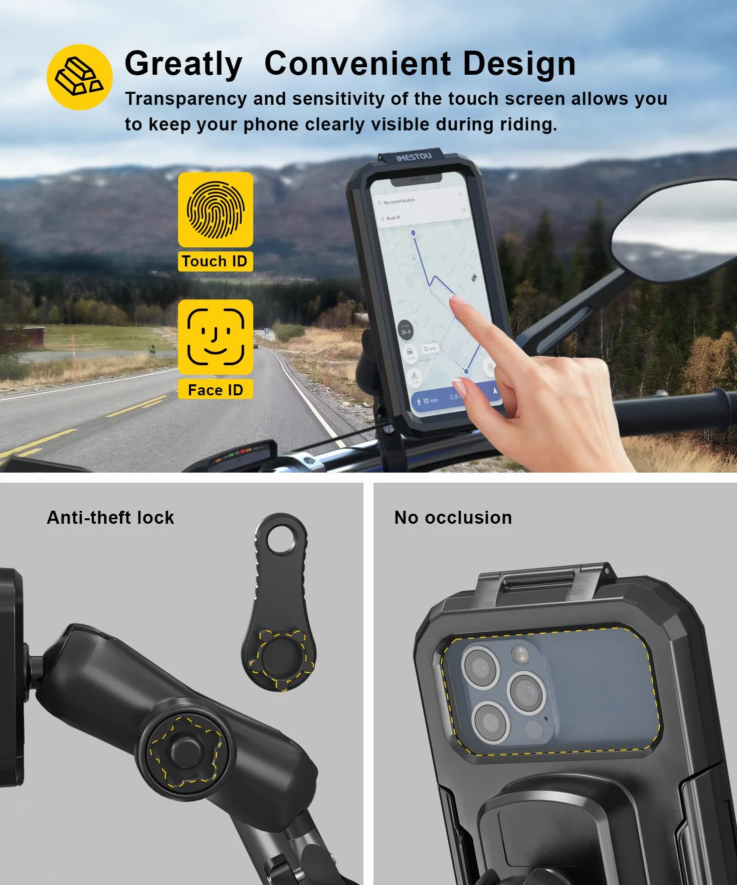 iMESTOU Titulaire de Téléphone de Moto Anti-vol Imperméable - Montage de Téléphone à Vélos avec 1 Pouce de Rotation à Billes de Guidon en Aluminium 720 ° pour 5,5 "-6,8" Cell Phone (L)