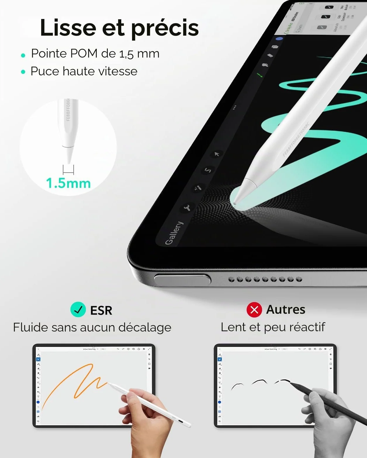 ESR Find My Stylet Digital Pencil Pro pour iPad 2018-2025, sensibilité à l'inclinaison, Blanc