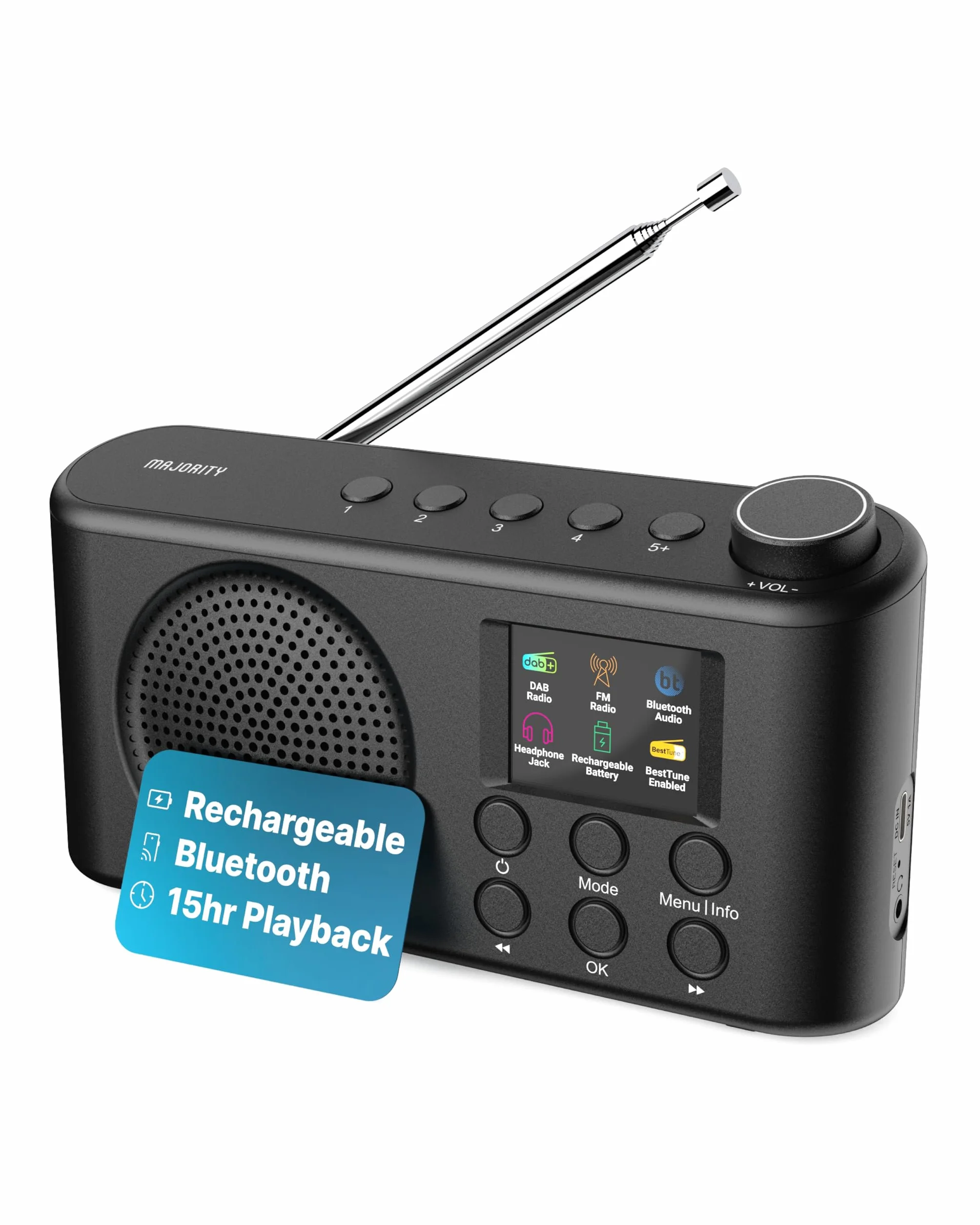 MAJORITY Orwell Pro Radio Dab/Dab+ Portable avec Bluetooth, FM, 40 Présélections, 15h Autonomie, Batterie Rechargeable USB-C, Minuterie Sommeil, Égaliseur, Radio Dab Portable
