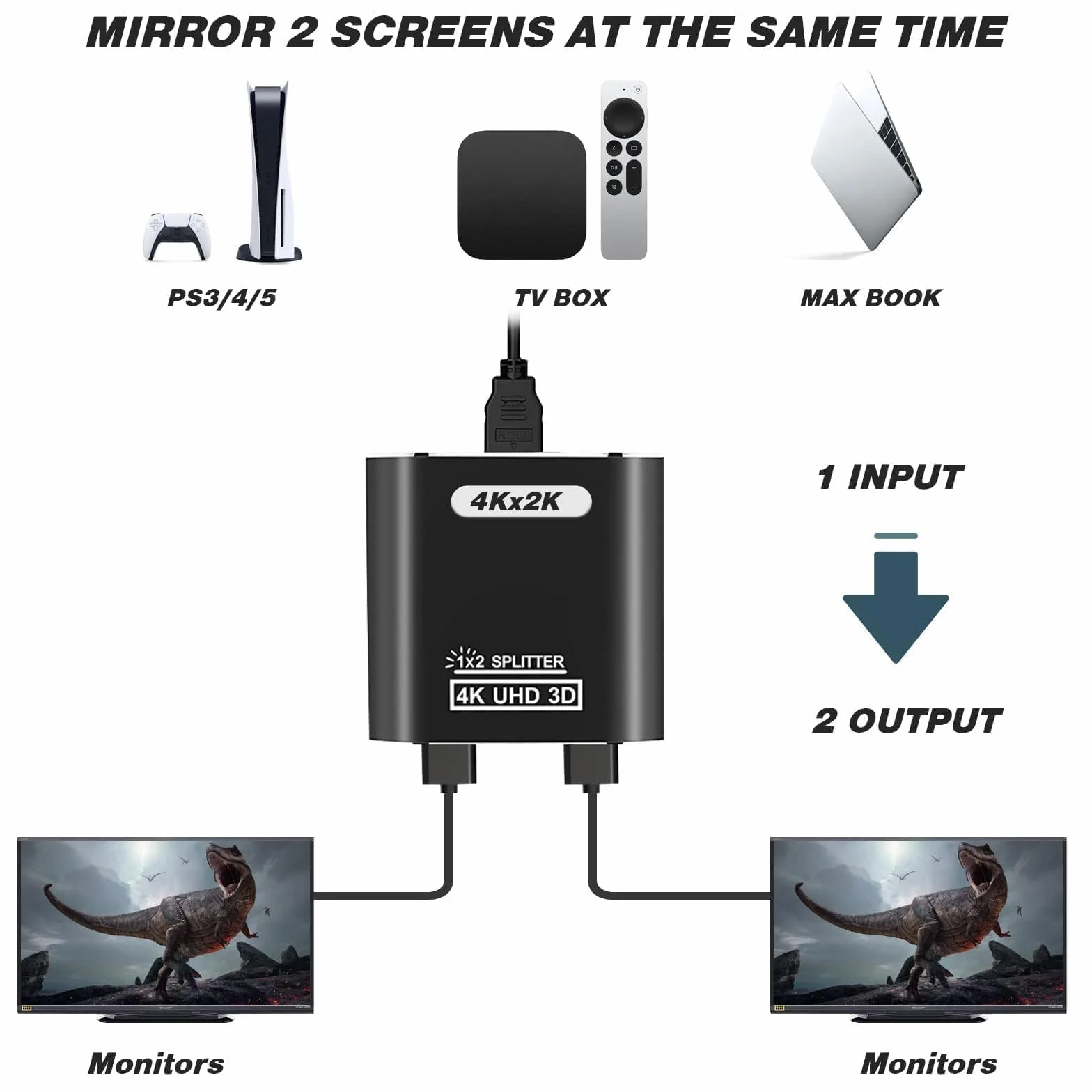HDMI Splitter 1 entrée 2 Sorties - 4K Répartiteur hdmi 1 Input 2 Output pour Lecteurs DVD Consoles de Jeux appareils de Streaming - Miroir Uniquement ne Pas étendre