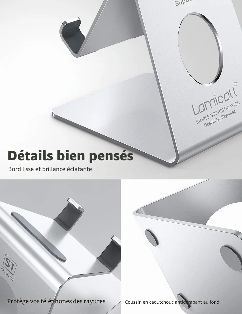 Lamicall Support Téléphone, Dock Téléphone - Support Téléphone Bureau pour iPhone 17 Pro Max Air, 16/15/14/13/12 Pro Max Plus Mini XS XR X 8, Huawei, Samsung S10 S9 S8, d'autres Smartphones - Argenté
