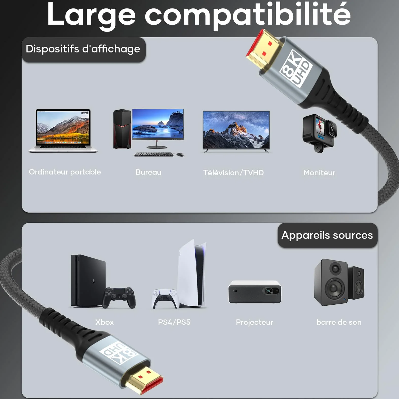Câble HDMI 2.1 5Mètres 10K 8K Ultra Haute Vitesse 4K@120Hz HDR10 eARC HDCP 2.2 & 2.3 Compatible PS5 X-Box HDTV