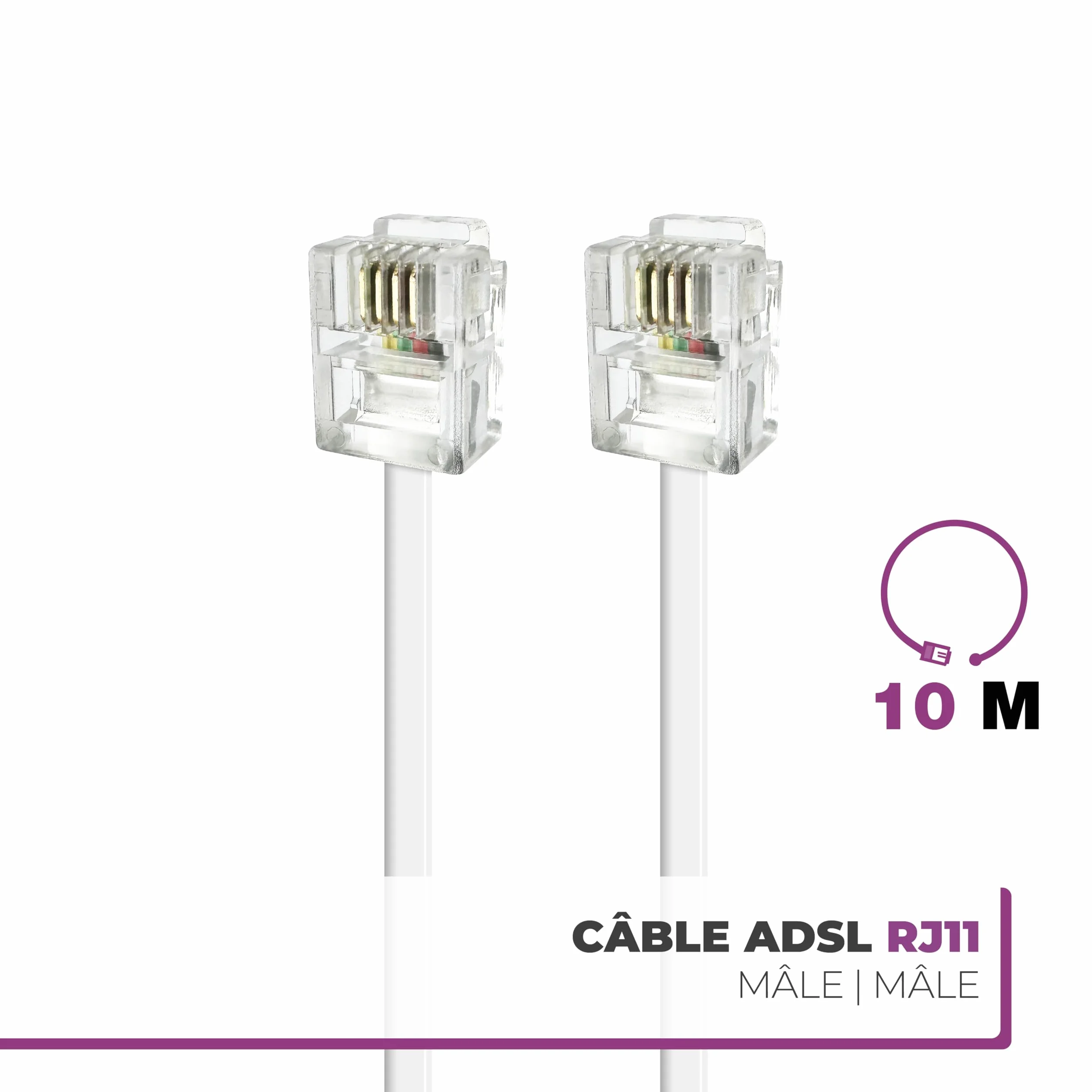 Câble ADSL RJ11 10M Cordon Téléphonique Modulaire 6P4C Plat ISDN DSL VDSL Blanc