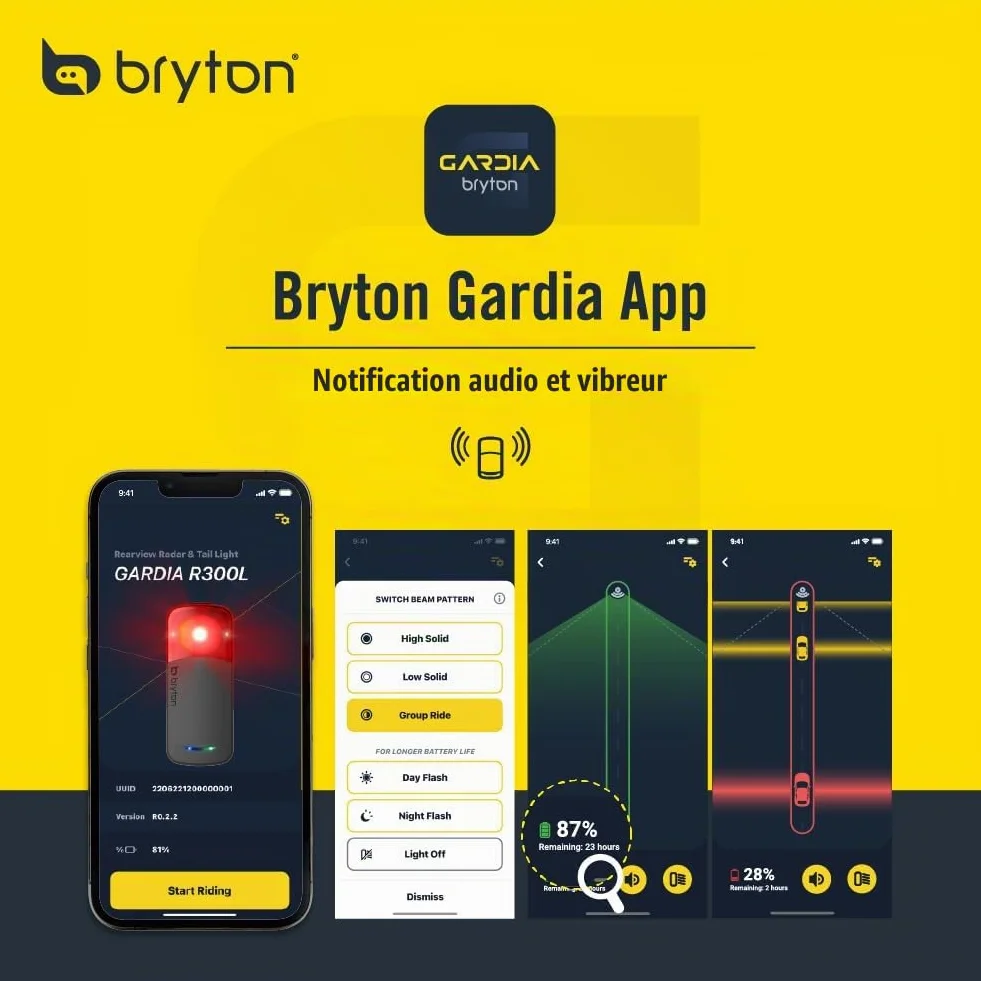 Bryton GARDIA R300L Radar de Vélo avec Feu Arrière – Alertes Visuelles et Sonores, 190 mètres, 220°, Compatible Application