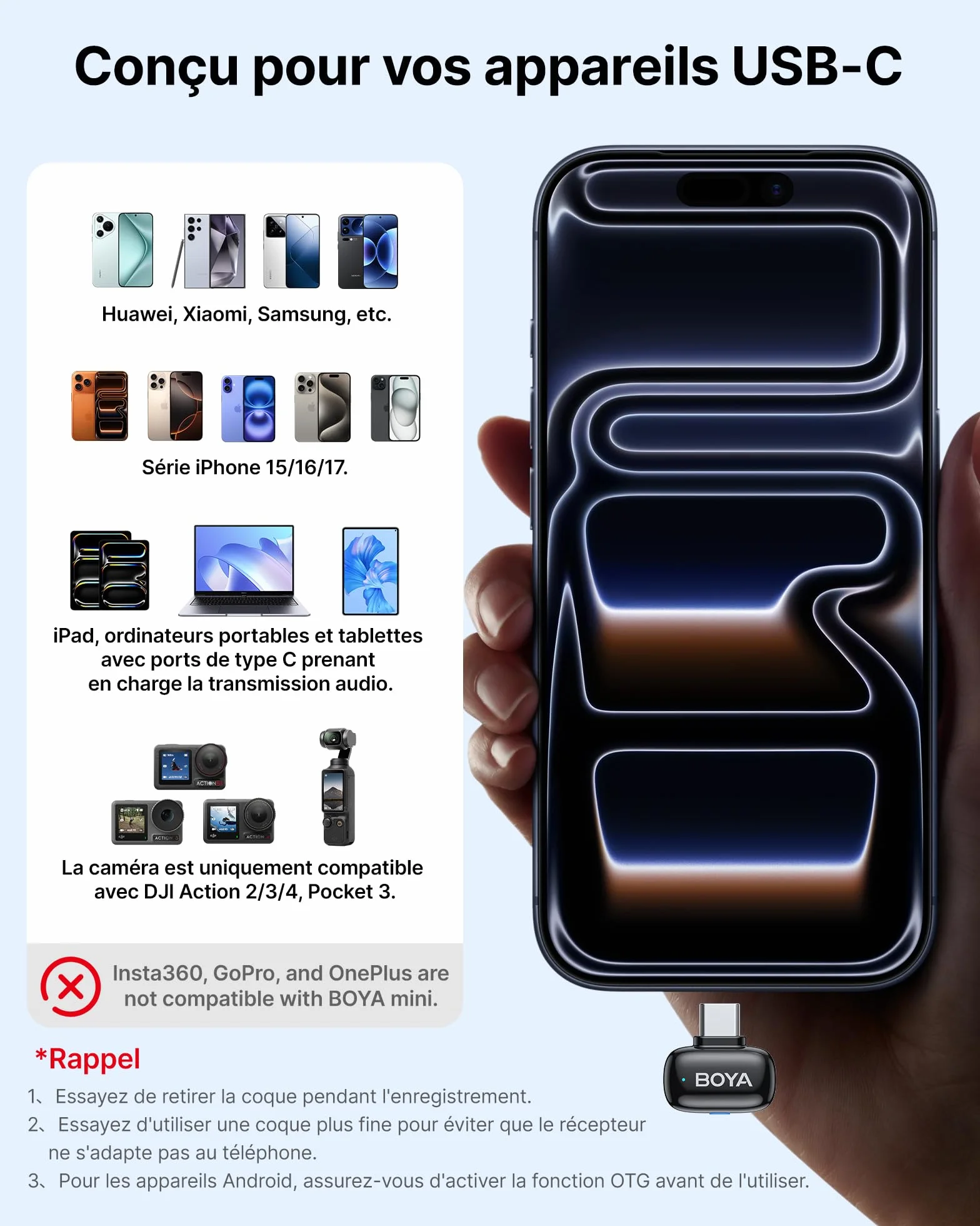 BOYA Mini 2 Micro Cravate sans Fil pour iPhone 15/16/17, Android, 5g, 48 kHz/24 Bit, Mini Micro sans Fil USB-C, Anti-Bruit 40dB, 100 m, 30 h, Microphone Lavalier Compact pour Interview, Streaming