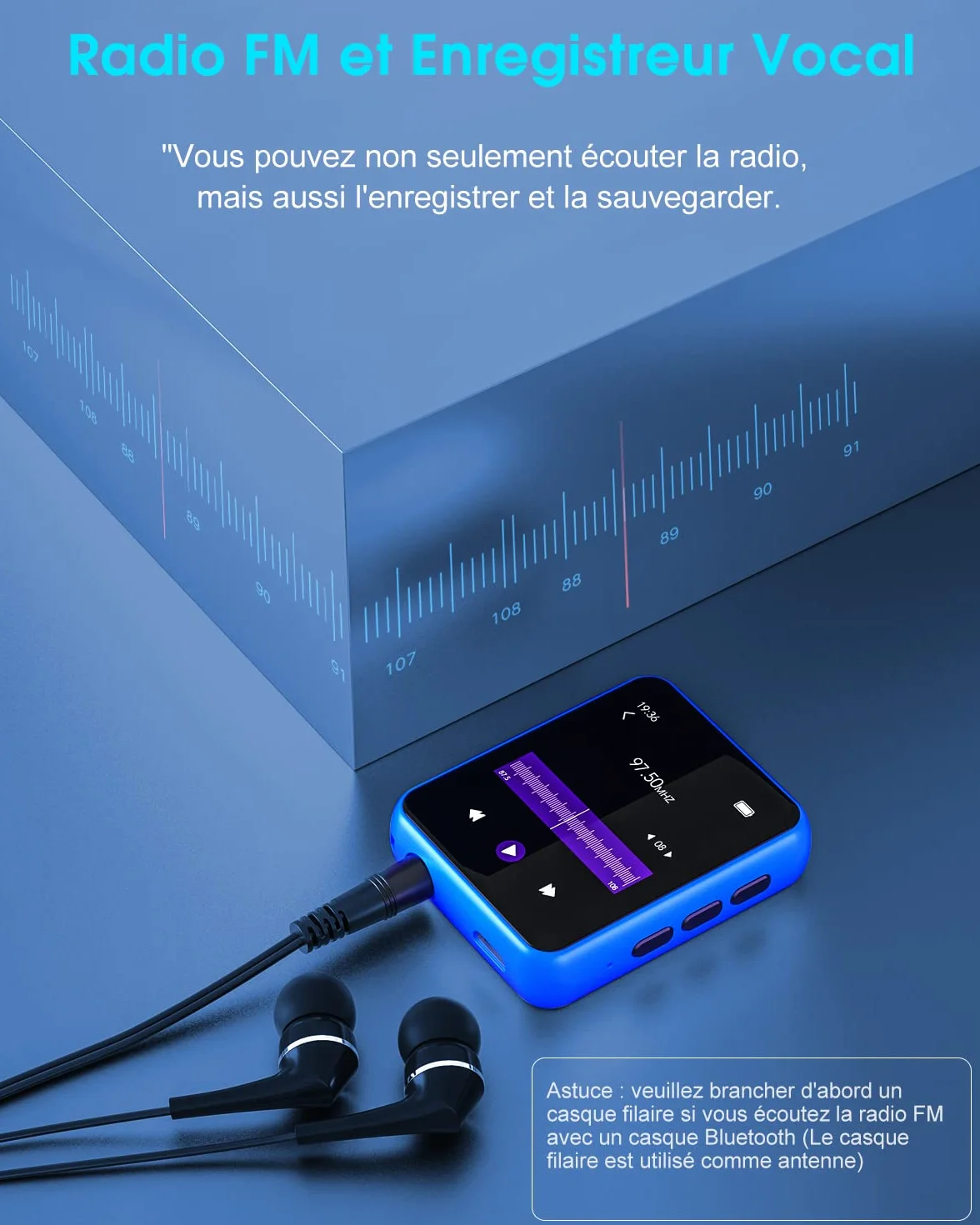 Lecteur MP3 Bluetooth 5.0 32 Go avec écran tactile complet, lecteur de musique Hi-Fi sans perte avec boîtier en métal, avec radio FM, haut-parleur, enregistrement ligne, prise en charge jusqu'à 128 Go