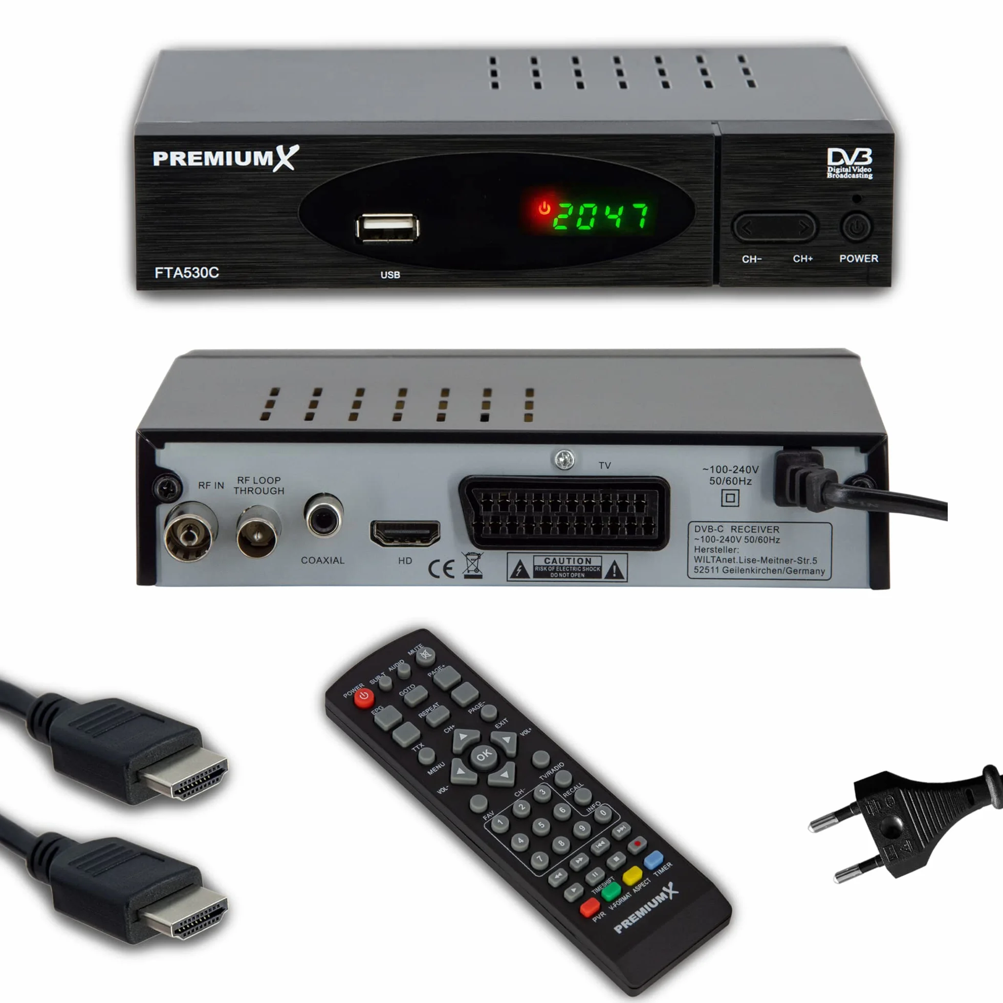 PremiumX Récepteur de câble DVB-C FTA 530C TV numérique HD | Installation de Voiture Lecteur multimédia USB SCART HDMI WiFi en Option | Télévision par câble Convient à Tous Les fournisseurs de câbles