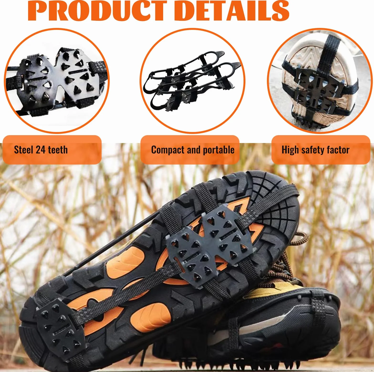 Crampons antidérapants pour chaussures de randonnée, lot de 2 paires, noir, taille L