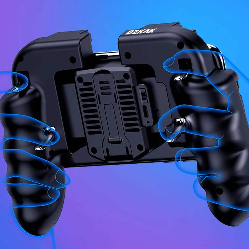 Manette Telephone avec Ventilateur, Contrôleur de Jeu Mobile Portable 6 Doigts Gamepad Joystick L1R1 L2R2 pour PUBG Android iOS iPhone Samsung Huawei Smartphone