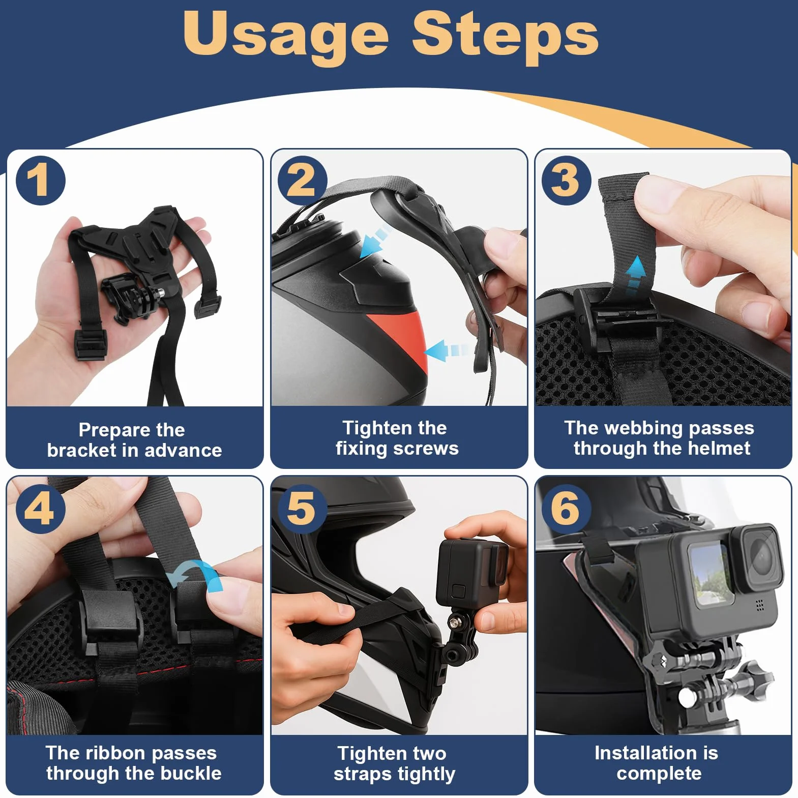Support de Casque Moto Menton pour GoPro Hero 13 12 11 10 9 8 7 6 5 pour DJI OSMO Action 5 Pro 4/3 Fixation de Menton pour Session avec Crochet en J Sangle Silicone Antidérapant Facile à Installer