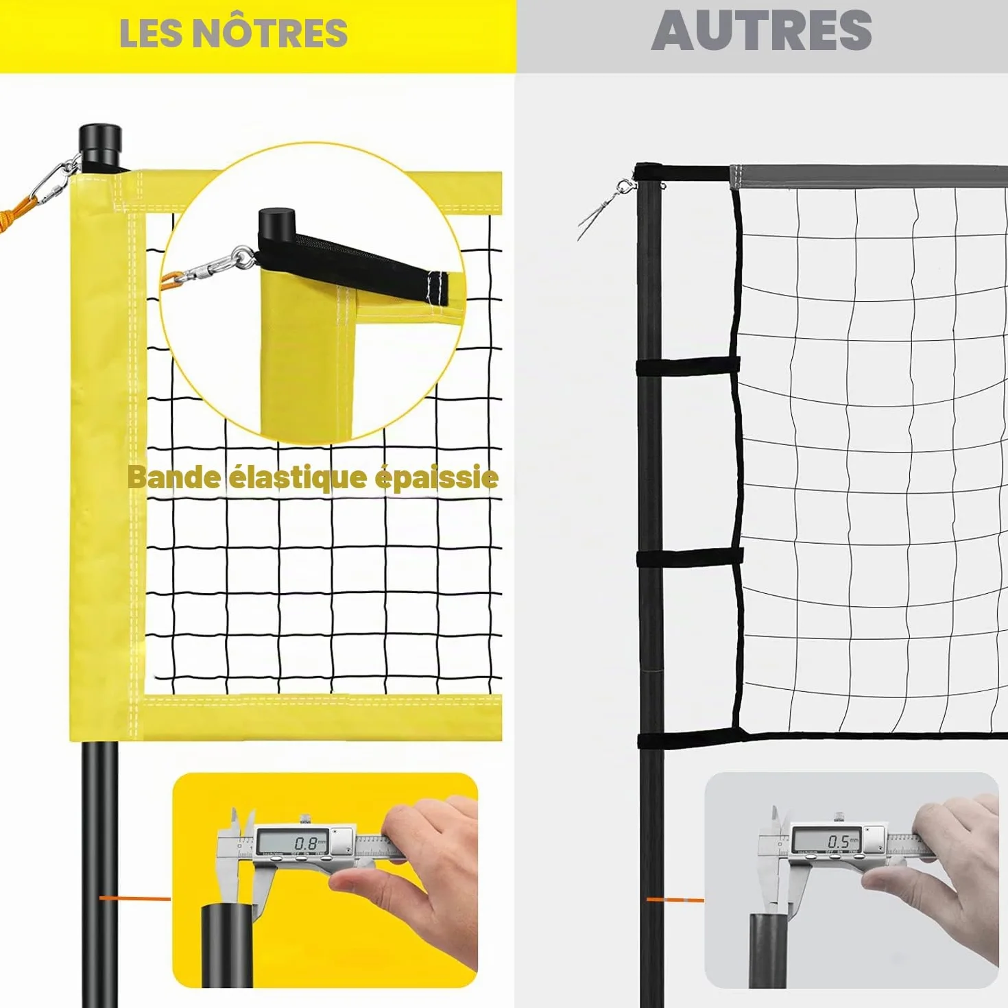 Ensemble de Filet de Volleyball 9.5m x 1m avec Poteau en Acier, Hauteur réglable
