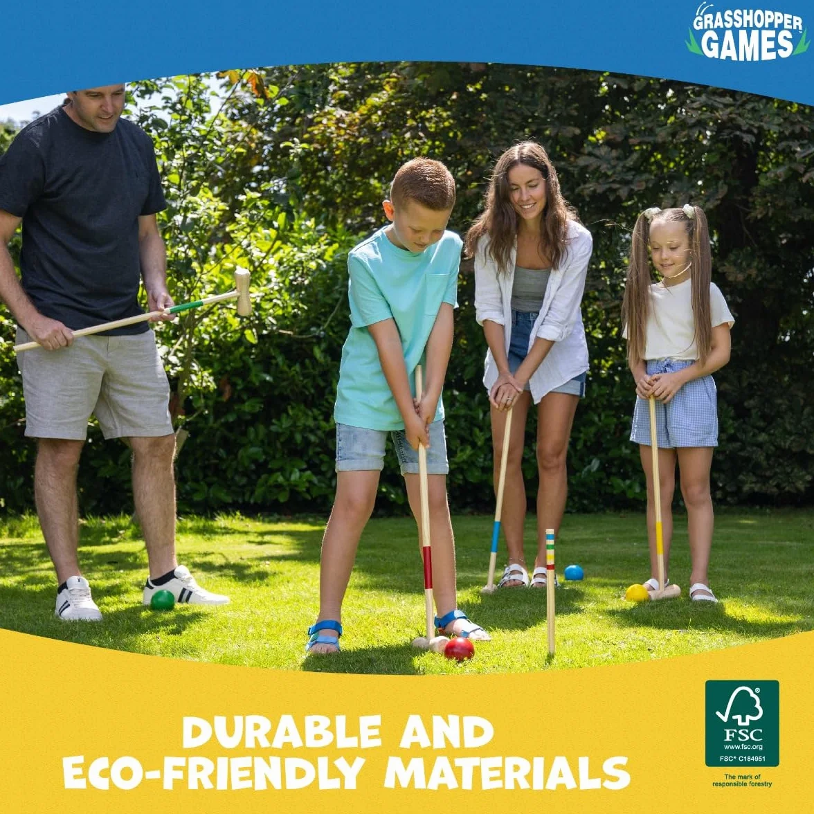 Toyrific Jeu de croquet en bois, 4 maillets, 4 boules, ensemble complet pour enfants et adultes, jeu de jardin
