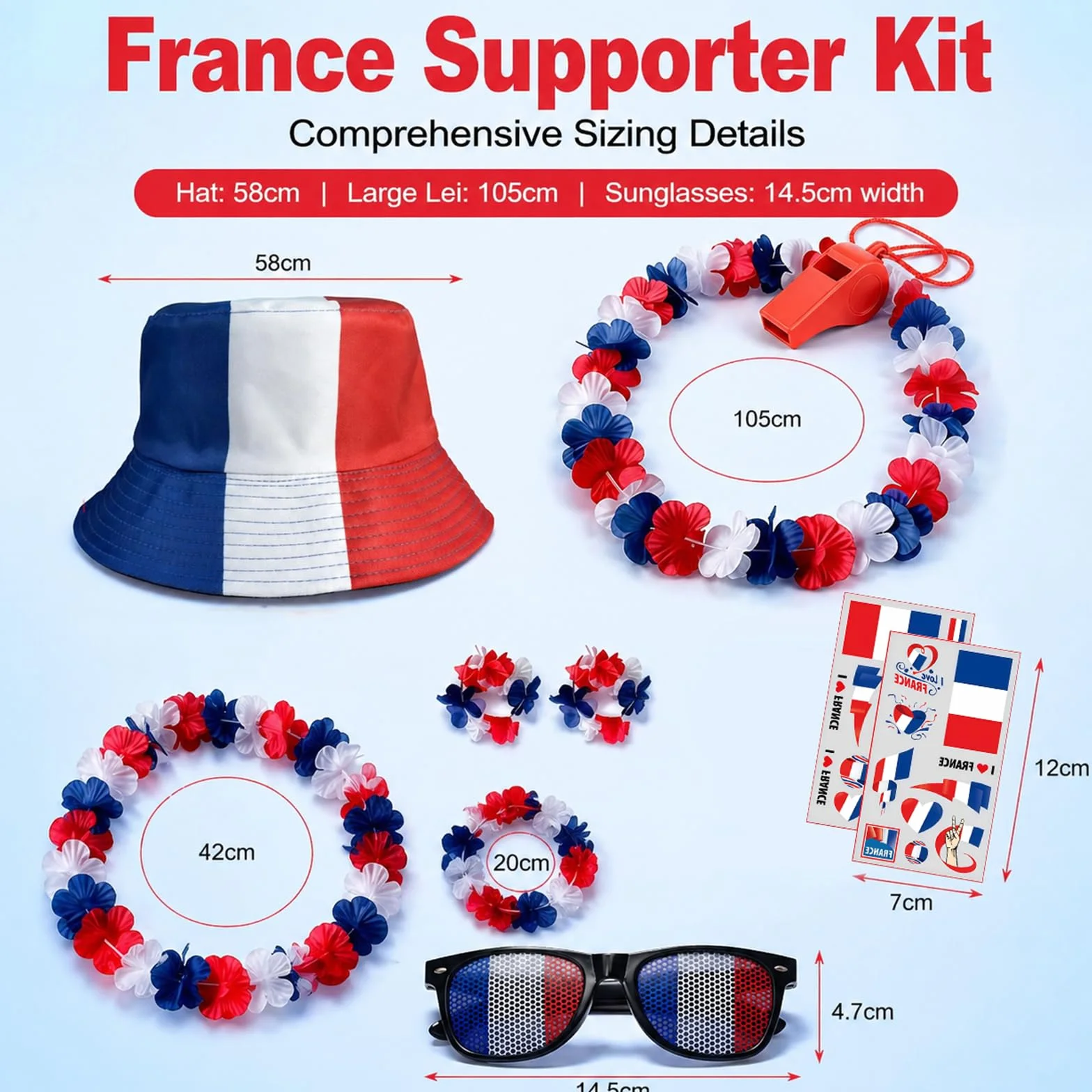 Ensemble Accessoires de Supporters France 11 Pièces avec Chapeau de Pêcheur