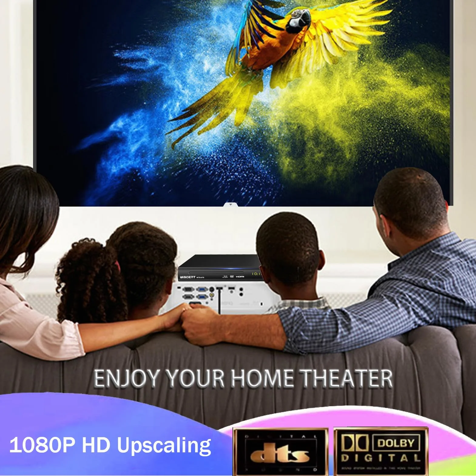 Lecteur Blu-Ray pour TV, Lecteur DVD WISCENT avec Sortie Coaxiale/HDMI/AV, entrée USB, Tous Les DVD etRégion B/2 Disques Blu-Ray, Compact Full HD, Lecteur Blu-Ray 1080p