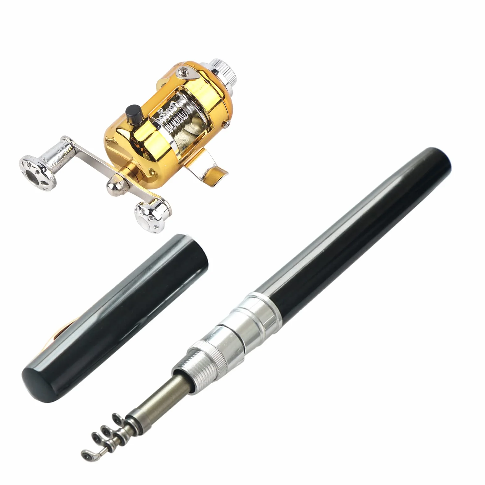 Mini Canne à Pêche Stylo Télescopique Aluminium 21cm Kit Combiné Moulinet Ligne Portable Voyage Eau Douce Salée