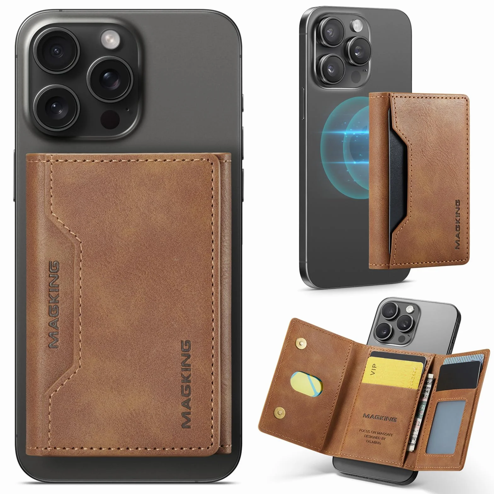 Portefeuille Cuir PU RFID 8 Cartes pour iPhone 17/16/15/14/13/12 Marron