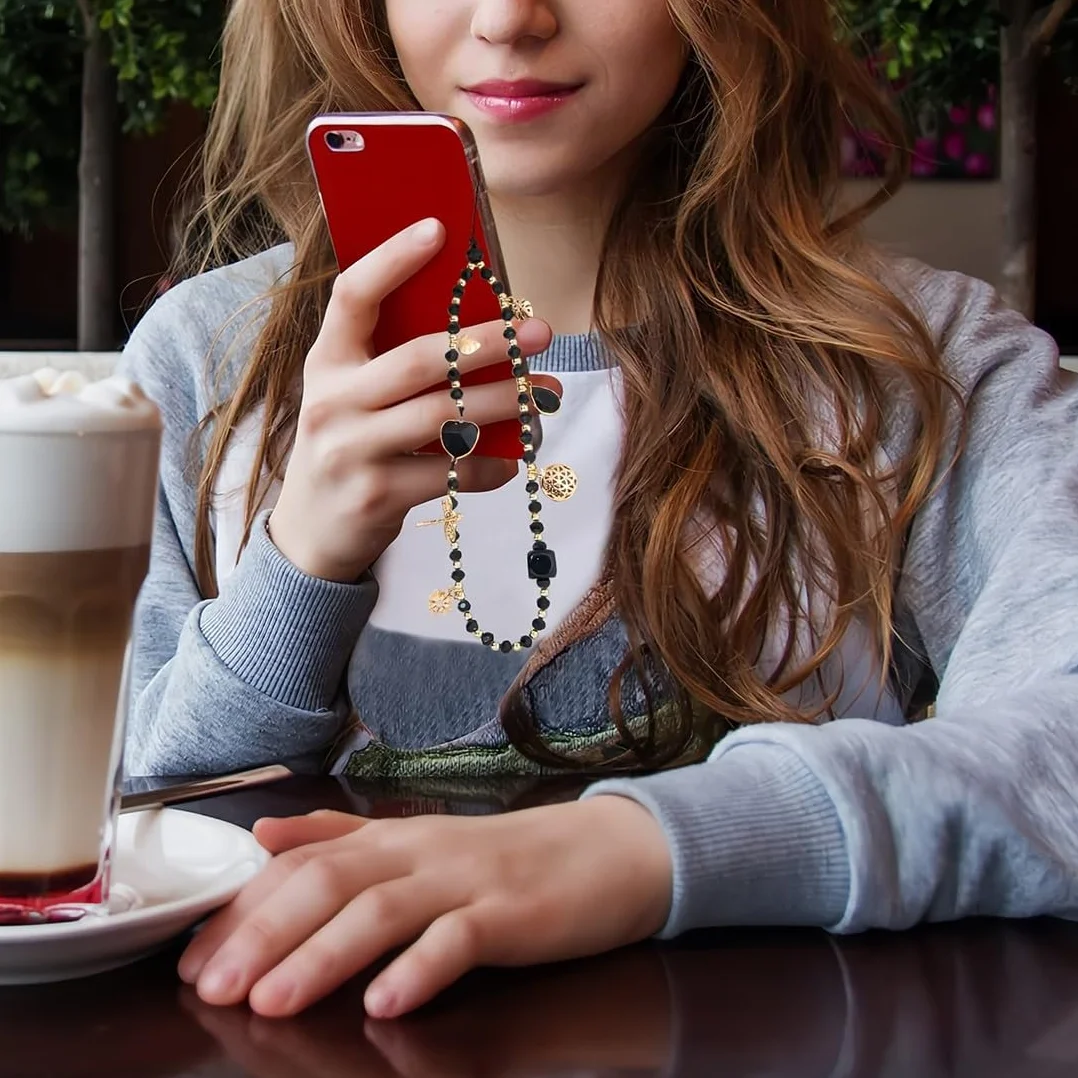 Cordon Téléphone Portable Cristal Anti-Perte Chaîne Pendentif Noir