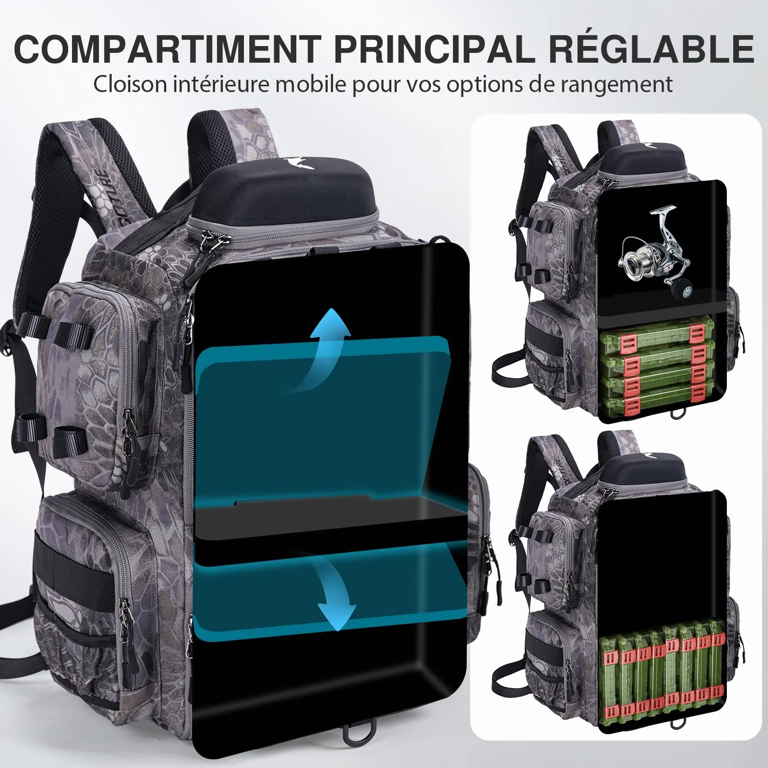 Goture Sac de pêche 45 L Tissu Oxford 900D Dos Souple résistant à l'eau avec Porte-Cannes et Housse de Pluie
