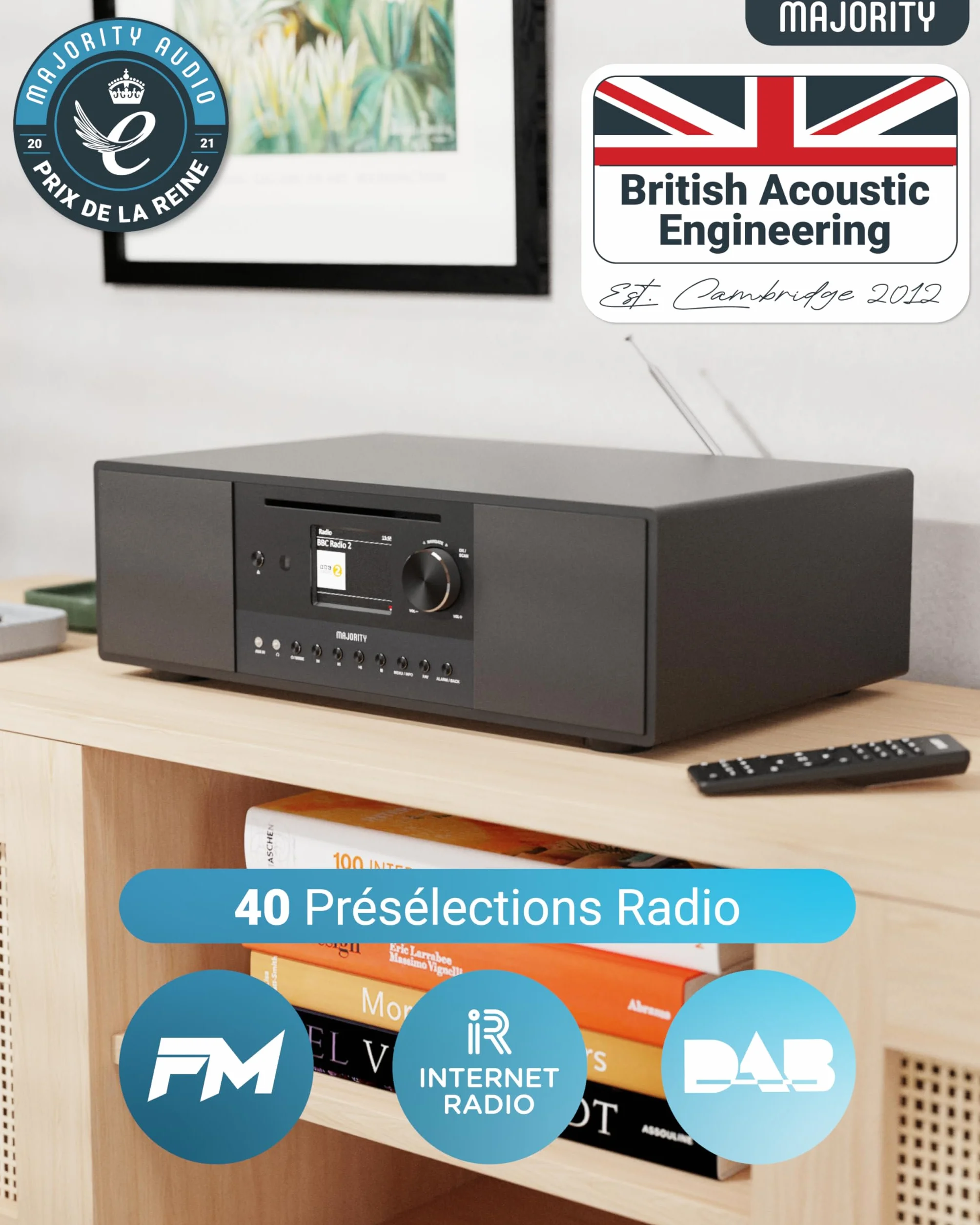 Radio Internet, Lecteur CD, Radio FM Dab+ et Caisson de Basses Puissant | Système Stéréo 2.1 120W | Bluetooth Activé | Spotify Connect et Podcasts | MAJORITY Quadriga