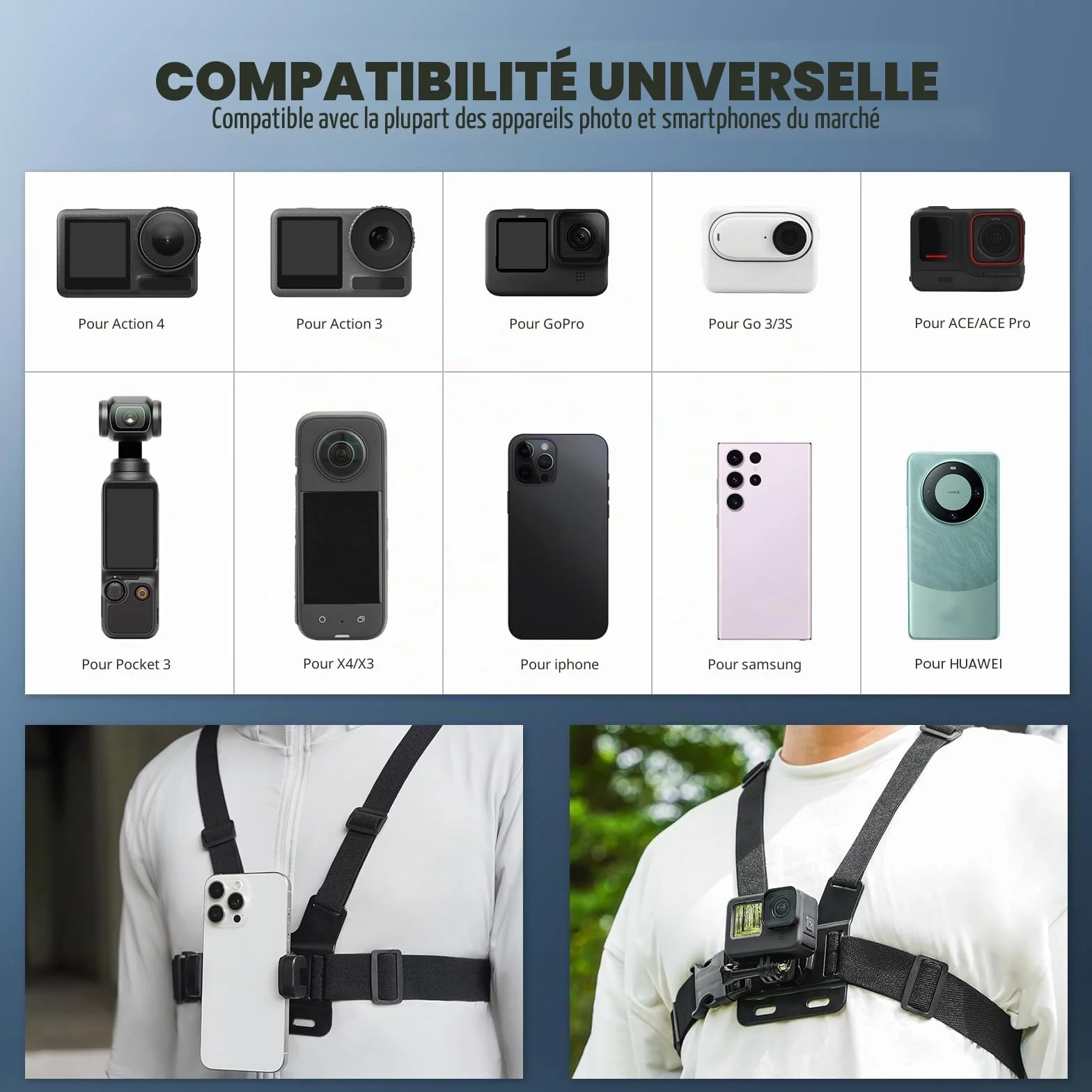 BRDRC POV Support de poitrine et tête pour iPhone, GoPro, DJI Osmo Pocket 3, Insta360 X5/4/3, Samsung Vlog Body Harness Strap Holder Kit