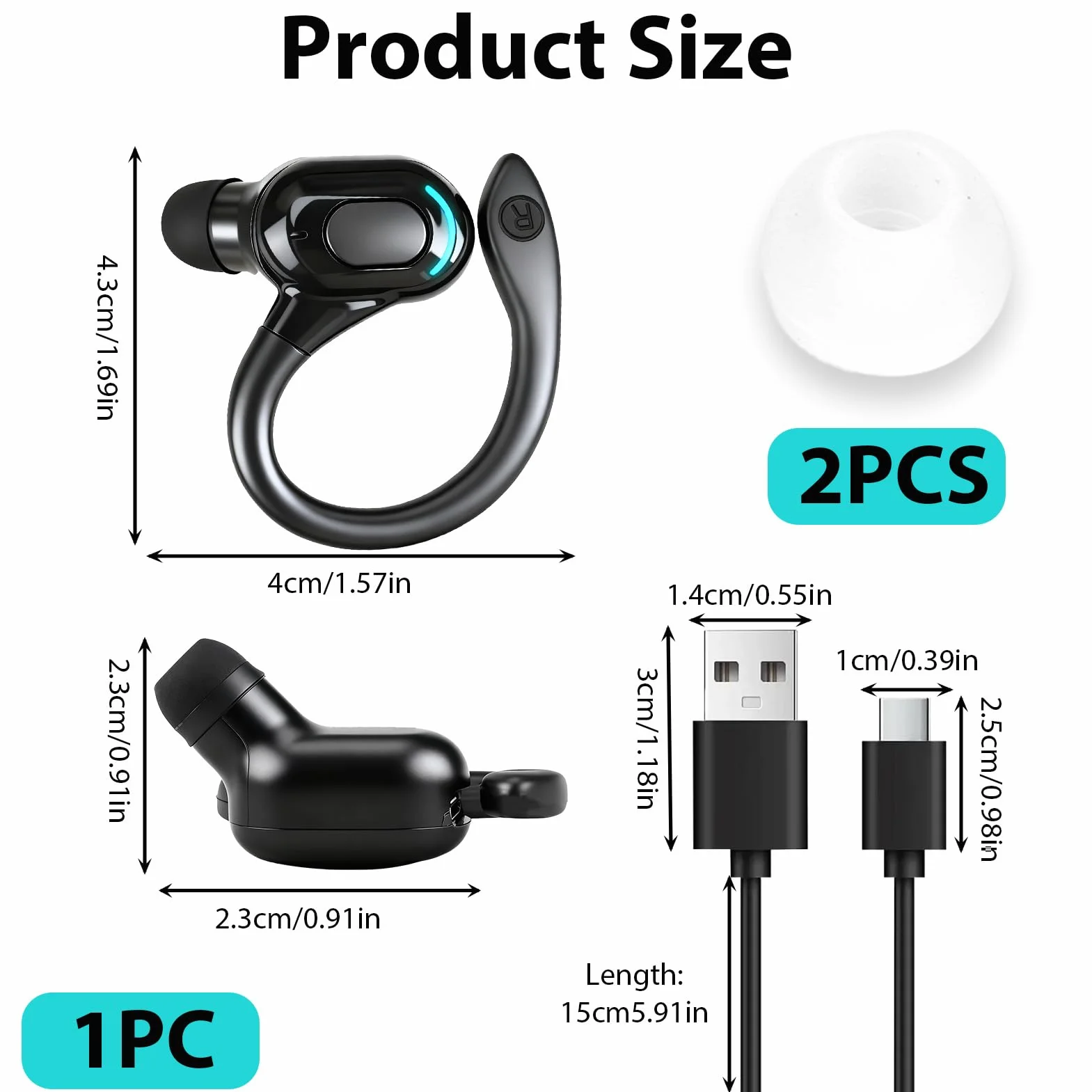 Oreillette Bluetooth sans Fil V5.2, Écouteur Mono Tour d'oreille 360° avec Micro Intégré, Main Libre Bluetooth 20h de Lecture pour iPhone Android PC Bureau Conduite Affaires Sport