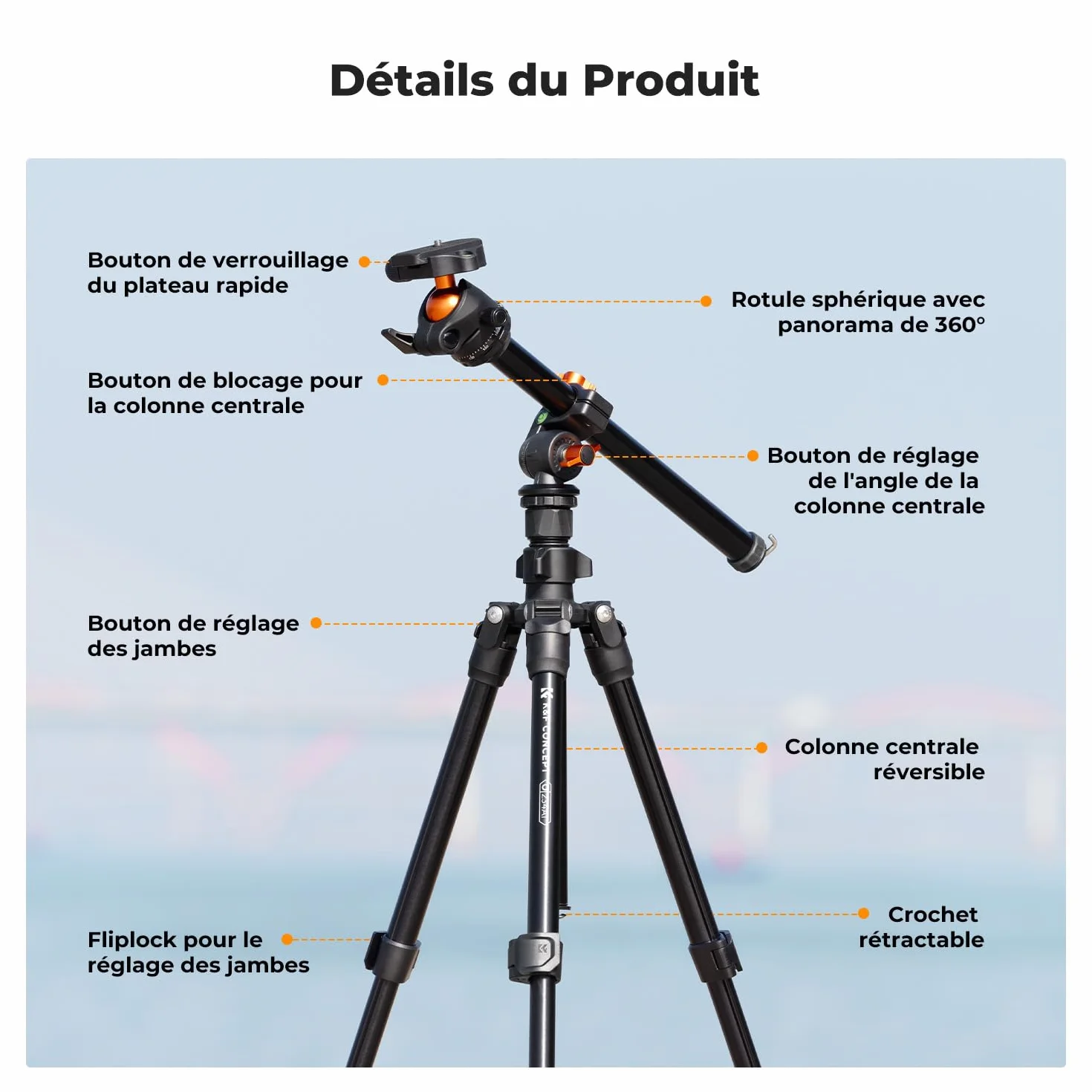 K&F CONCEPT Trépied d'appareil Photo et Smartphone avec Bras d'extension 195cm, Aluminium léger et Compact, Compatible avec Canon Nikon Sony DSLR iPhone Samsung, Tête sphérique à 360°, 8kg Charge Max