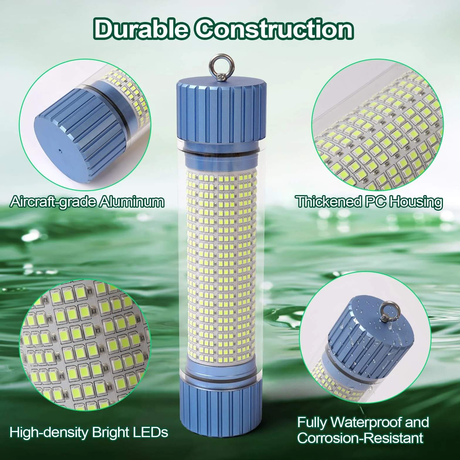 Lampe de Pêche Sous-Marine LED Verte Rechargeable 9000mAh IP68 Étanche Eau Douce Salée