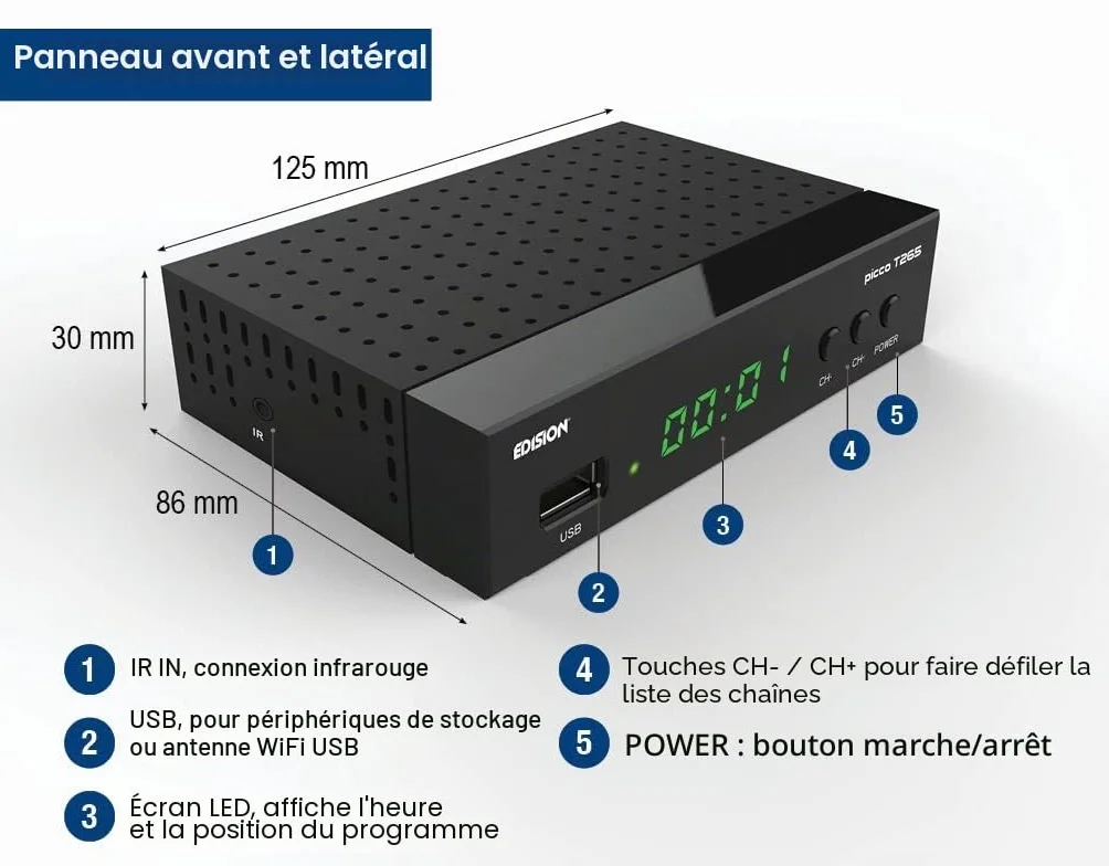 EDISION PICCO T265 DVB-T2 Récepteur H265 HEVC WiFi IR Télécommande