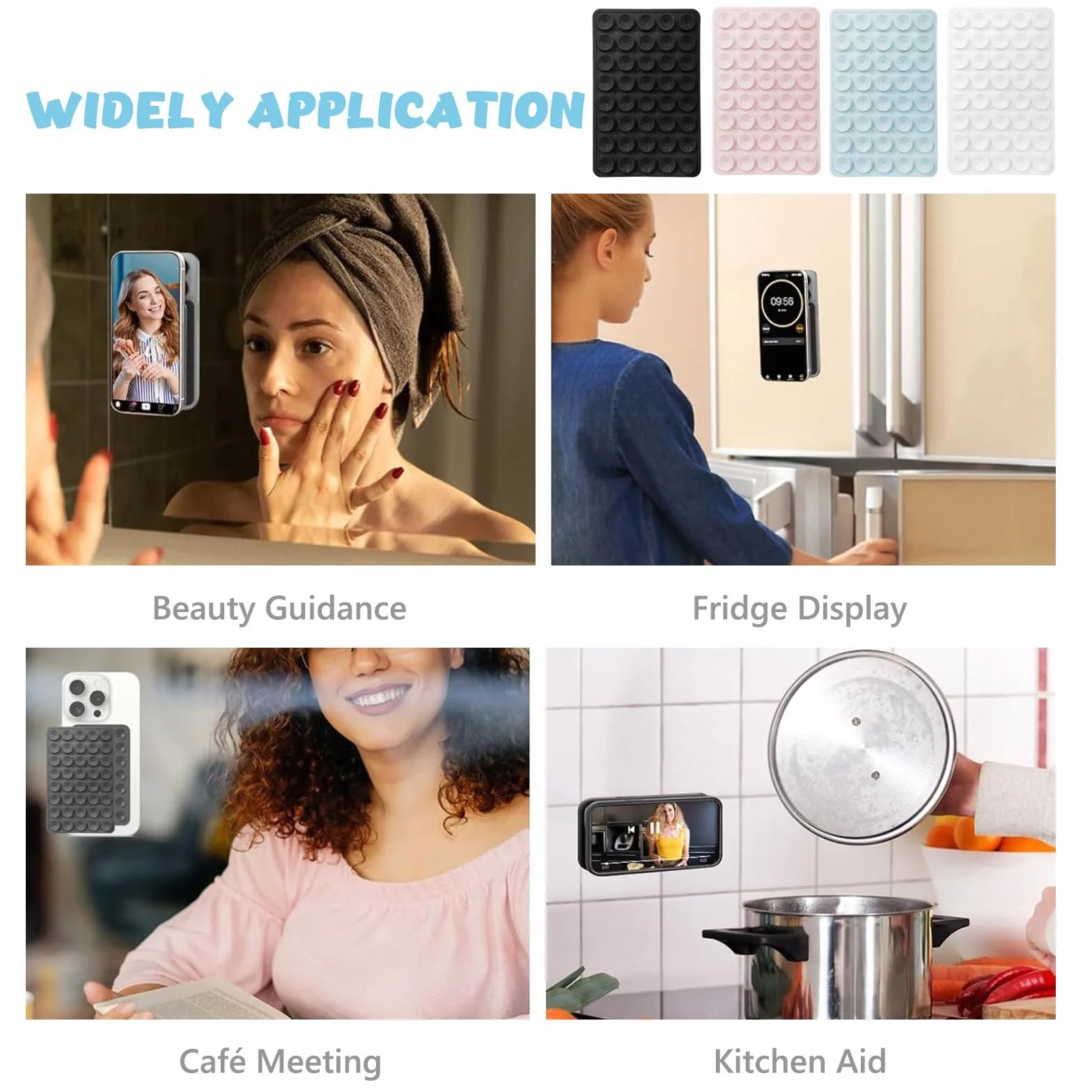 Support Téléphone Ventouse en Silicone 4 Pièces, Fixation Forte Verre Miroir pour Selfies