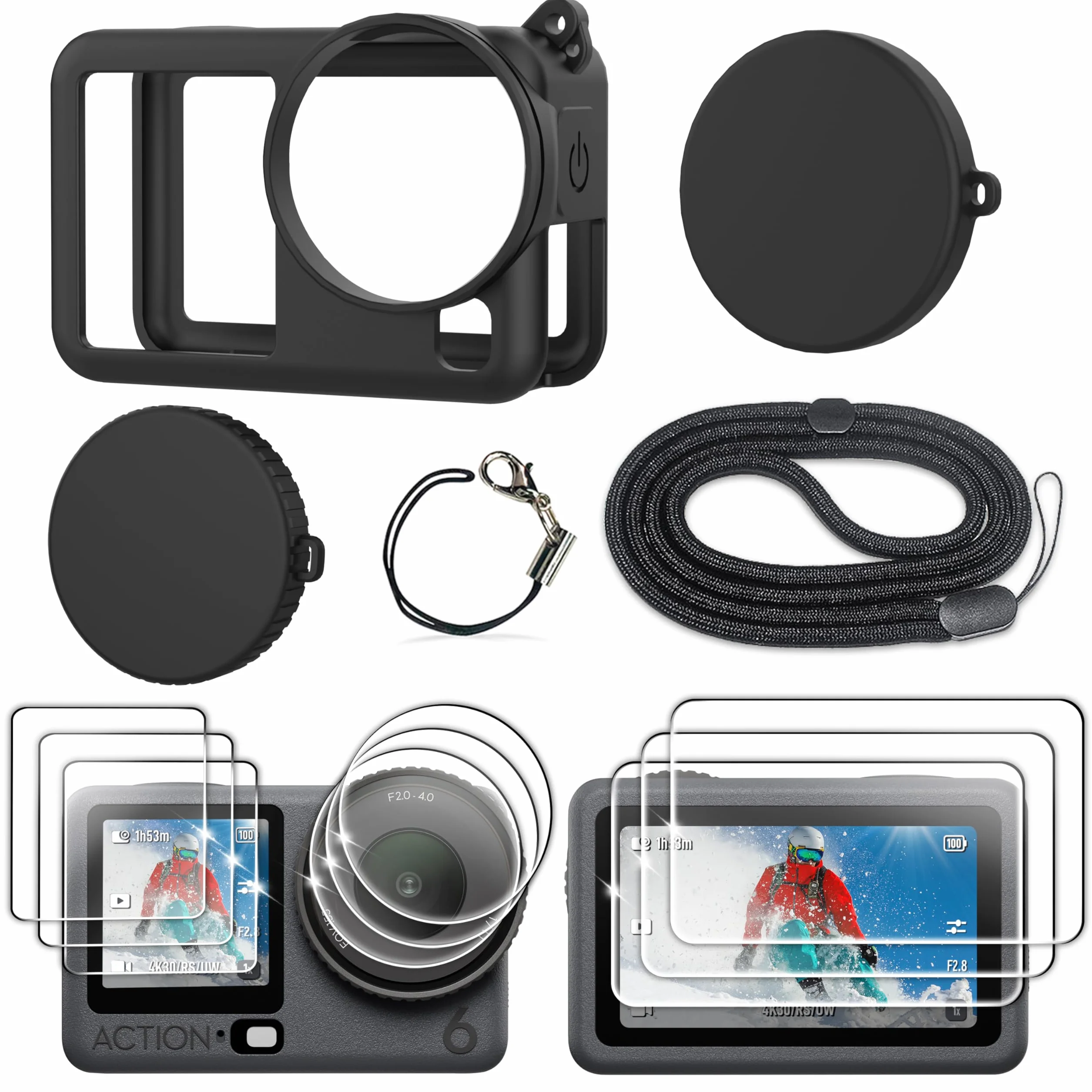 Étui en caoutchouc silicone + 3 protecteurs d'écran en verre trempé pour DJI Osmo Action 6