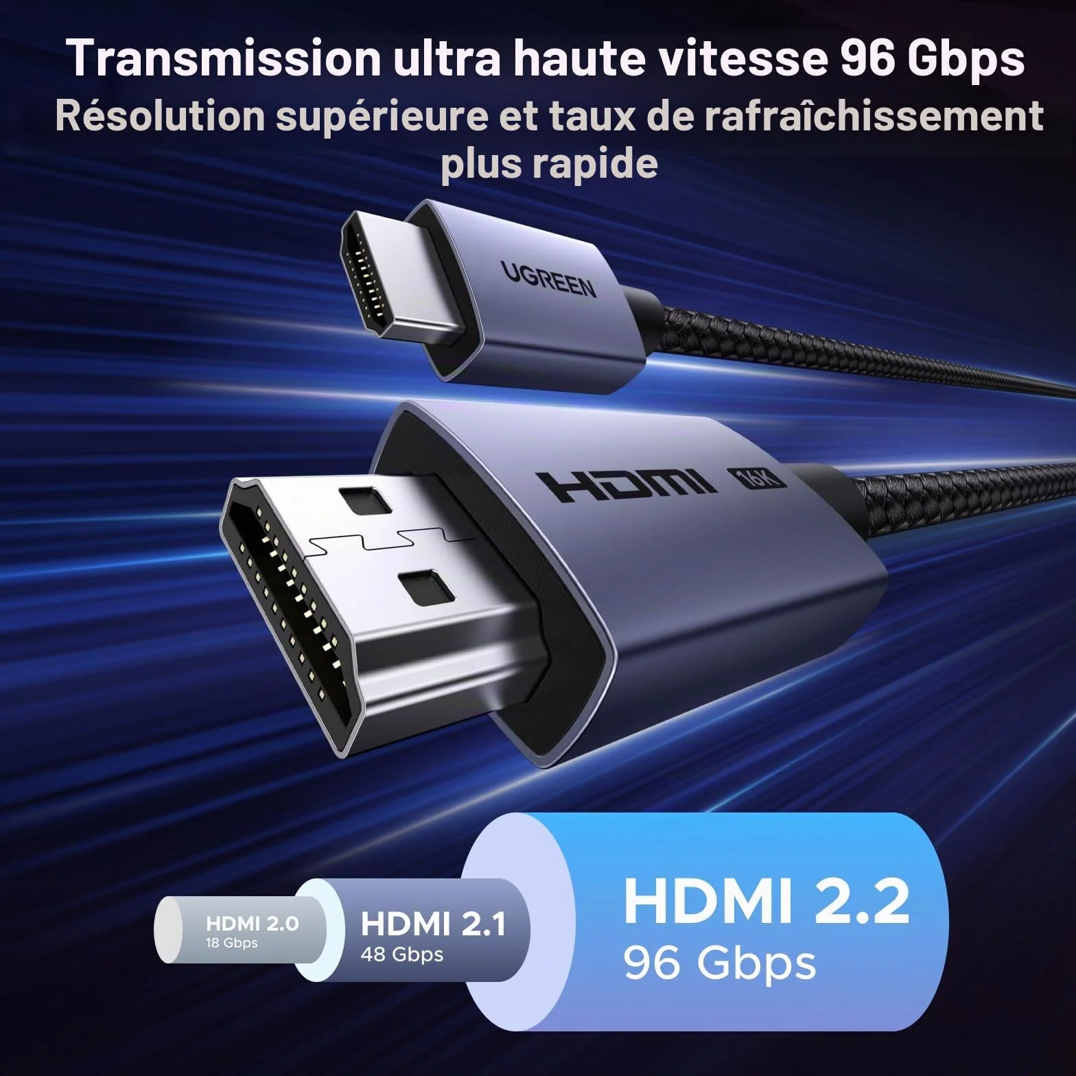 UGREEN 16K Câble HDMI 2.2 16K 60Hz 12K 8K 240Hz 96Gbps Ultra Haute Vitesse Cordon HDMI Aluminium LIP DynamicHDR Dolby Atmos HDCP Nylon Tressé Compatible avec PS5 4 Xbox MacBook Pro Blu Ray HDTV 2M