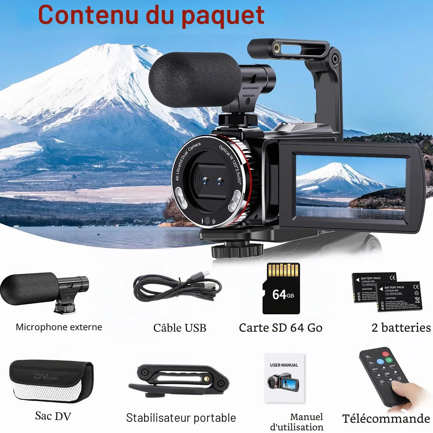 Caméra Vidéo 4K 64MP Caméscope Vlogging avec Écran Rotatif 270°, Carte 64 Go, Microphone, Stabilisateur, Télécommande, 2 Piles
