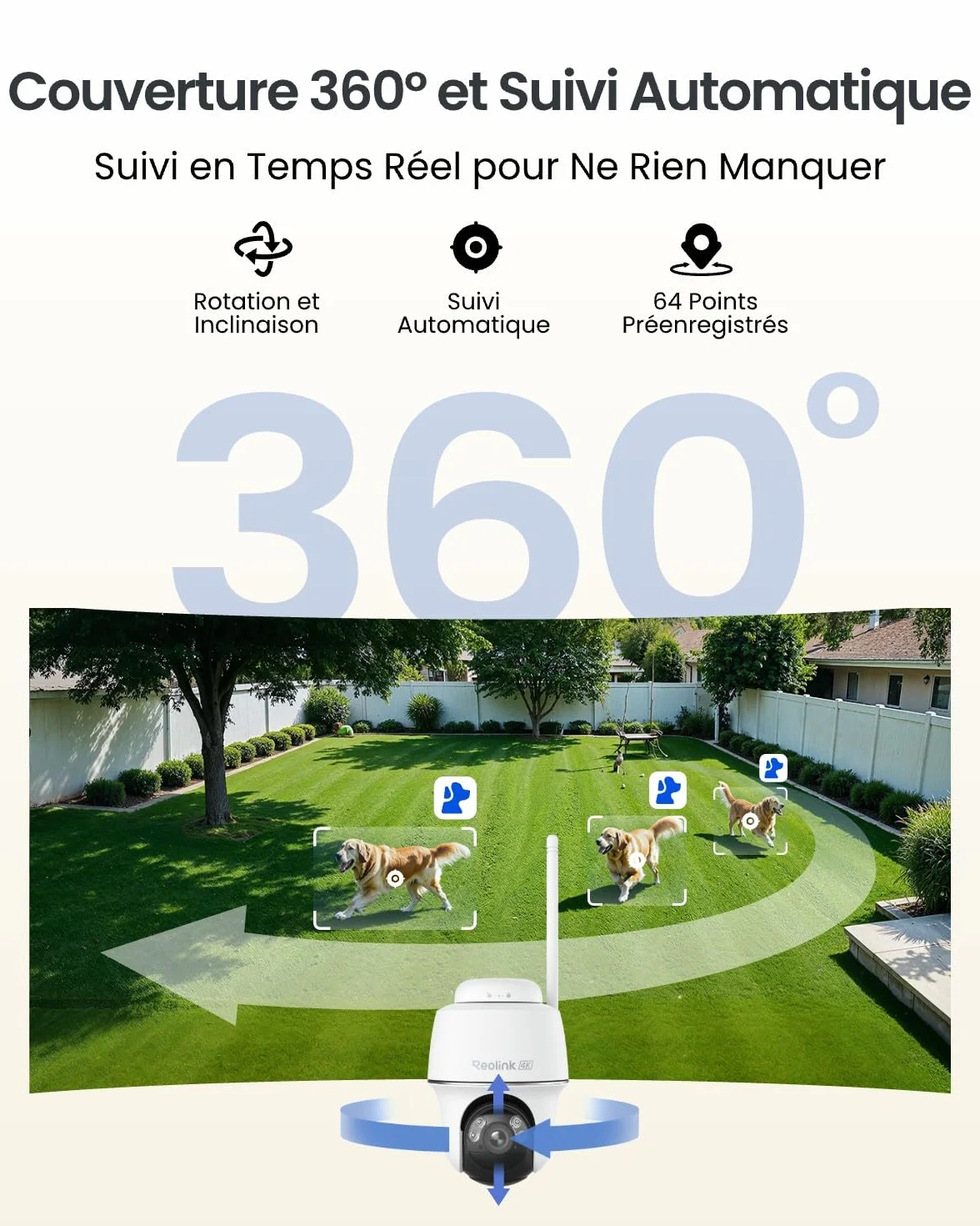 Reolink Argus PT Ultra 4K Camera Surveillance WiFi Extérieure, 2,4/5 GHz Wi-Fi 6, Détection Intelligent, Vision Nocturne Couleur, Suivi Automatique, Alimenté par Batterie + Panneau Solaire