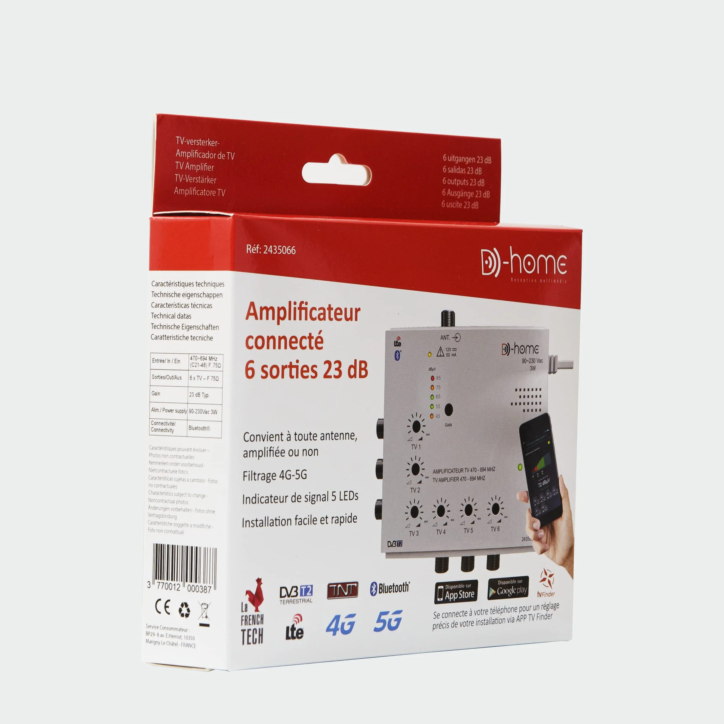 Amplificateur TV TNT Intérieur 6 Sorties 23dB Connecté Filtré 4G-5G avec App Mobile TV Finder