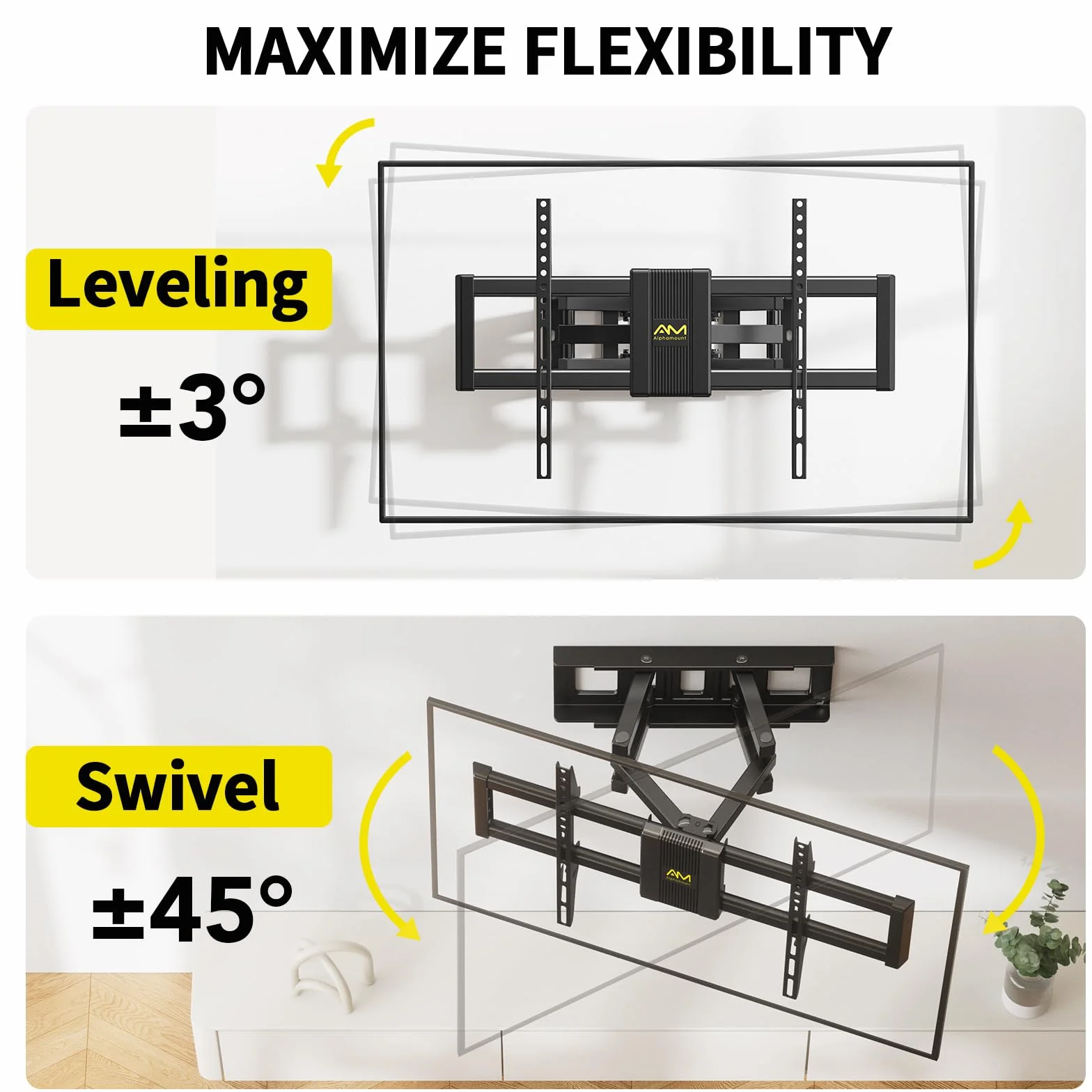 Alphamount Support Mural TV Mouvement Complet pour Téléviseurs de 37 à 80 Pouces Jusqu'à 45 kg, Fixation Murale TV avec Double Bras Pivotant Extensible et Inclinable Max VESA 600x400mm, APLF6