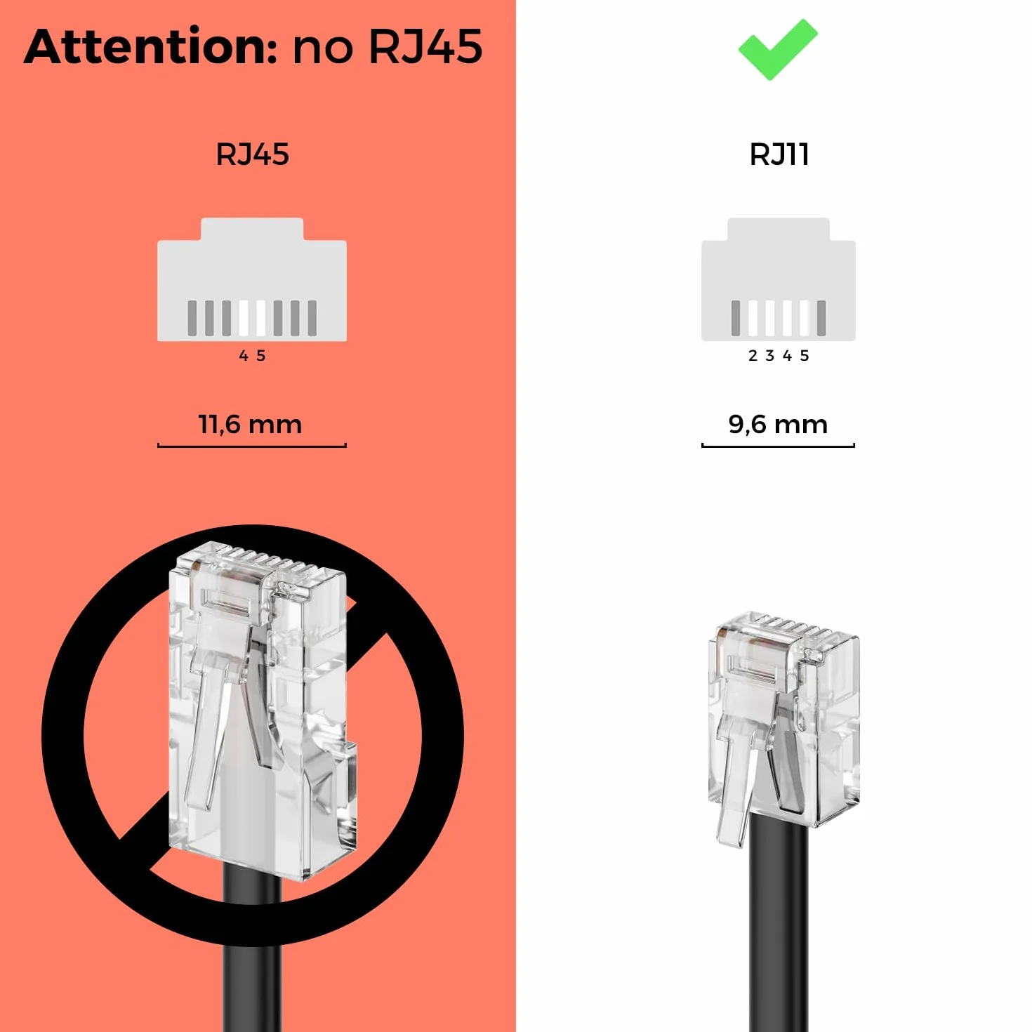deleyCON 0,5m Câble Téléphone RJ11 Modulaire 6P4C Western 2x Fiche RJ11 Plat Noir