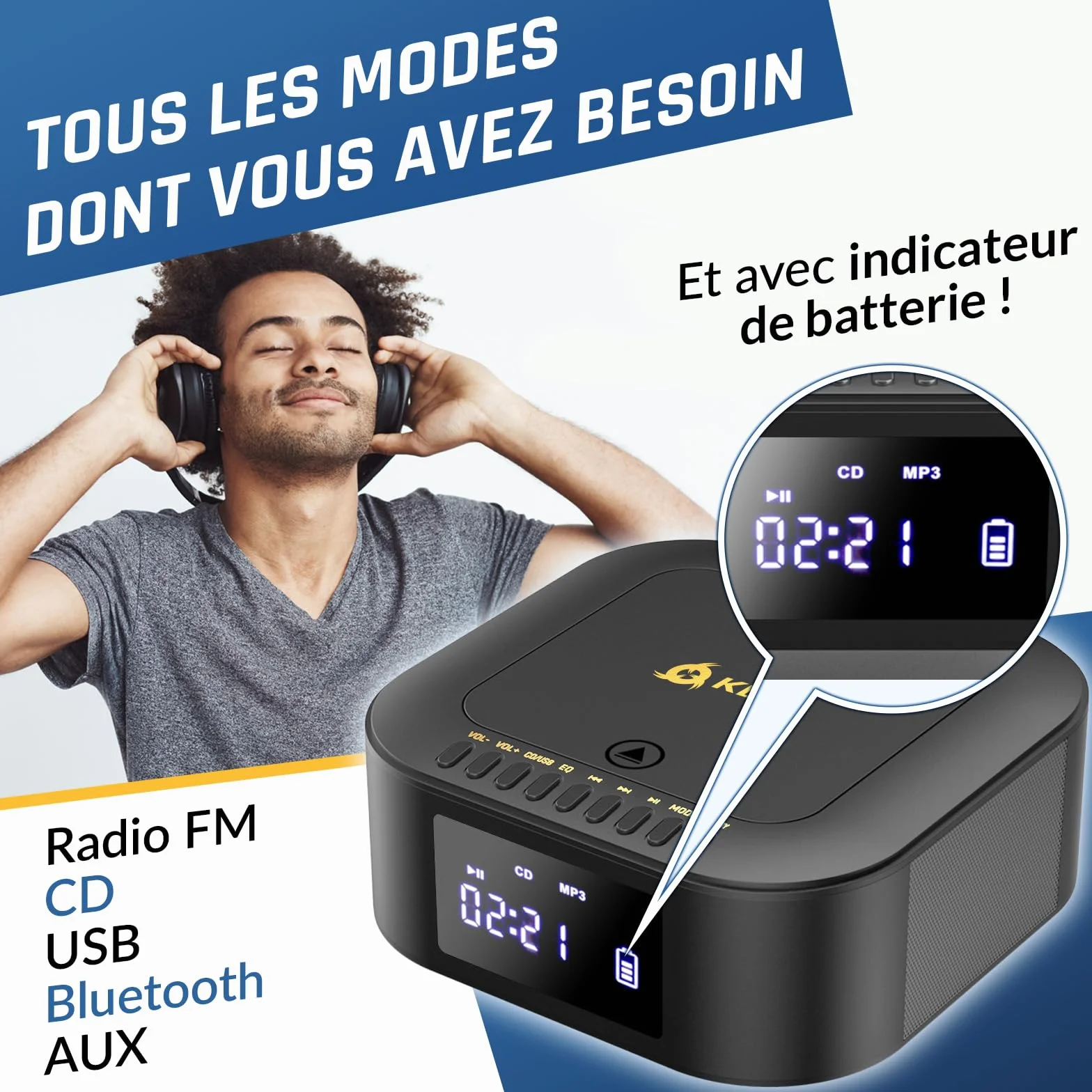 KLIM Boombox E1 - Poste Radio CD Portable - Extra Bass avec Subwoofer - Radio FM, CD, Bluetooth, USB, Bluetooth, MP3 - Mode Filaire et sans Fil avec Piles Rechargeables - Télécommande - Noir/Or