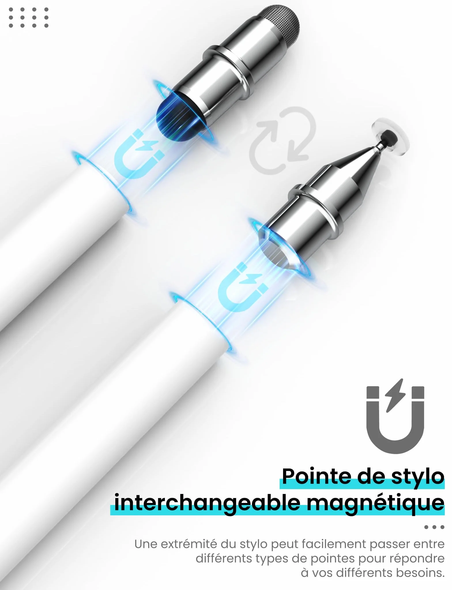 MEKO Stylet Tactile Magnétique 3 en 1 pour Tablette avec Embout Fibre Caoutchouc Disque - Blanc