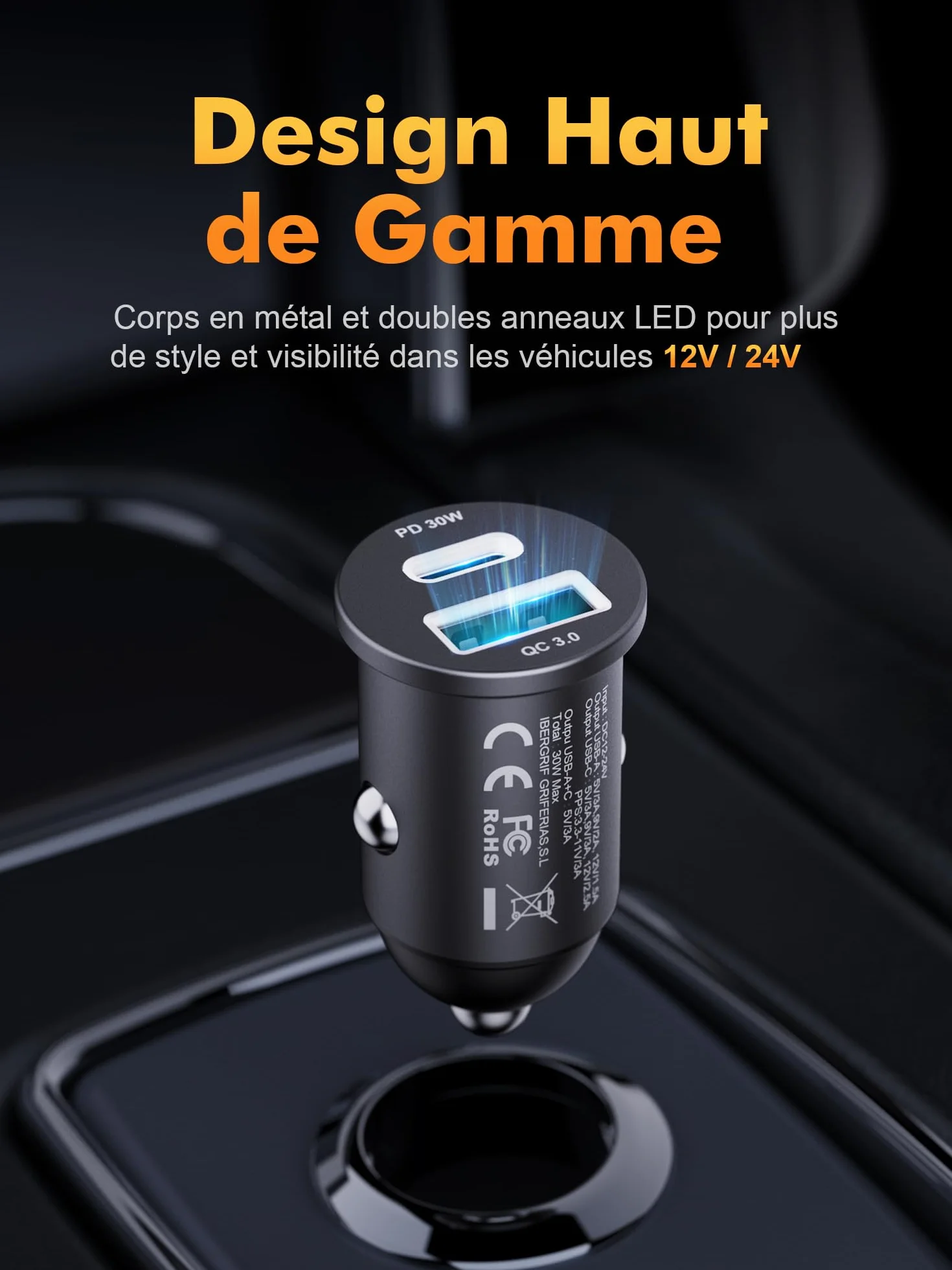 GRIFEMA Chargeur Allume Cigare USB C 30W, Chargeur Voiture Rapide Double Port avec USB-C PD 30W et USB-A QC 3.0 18W, Prise Allume Cigare 12V pour iPhone 16 15 14, Samsung, iPad–Boîtier en Aluminium