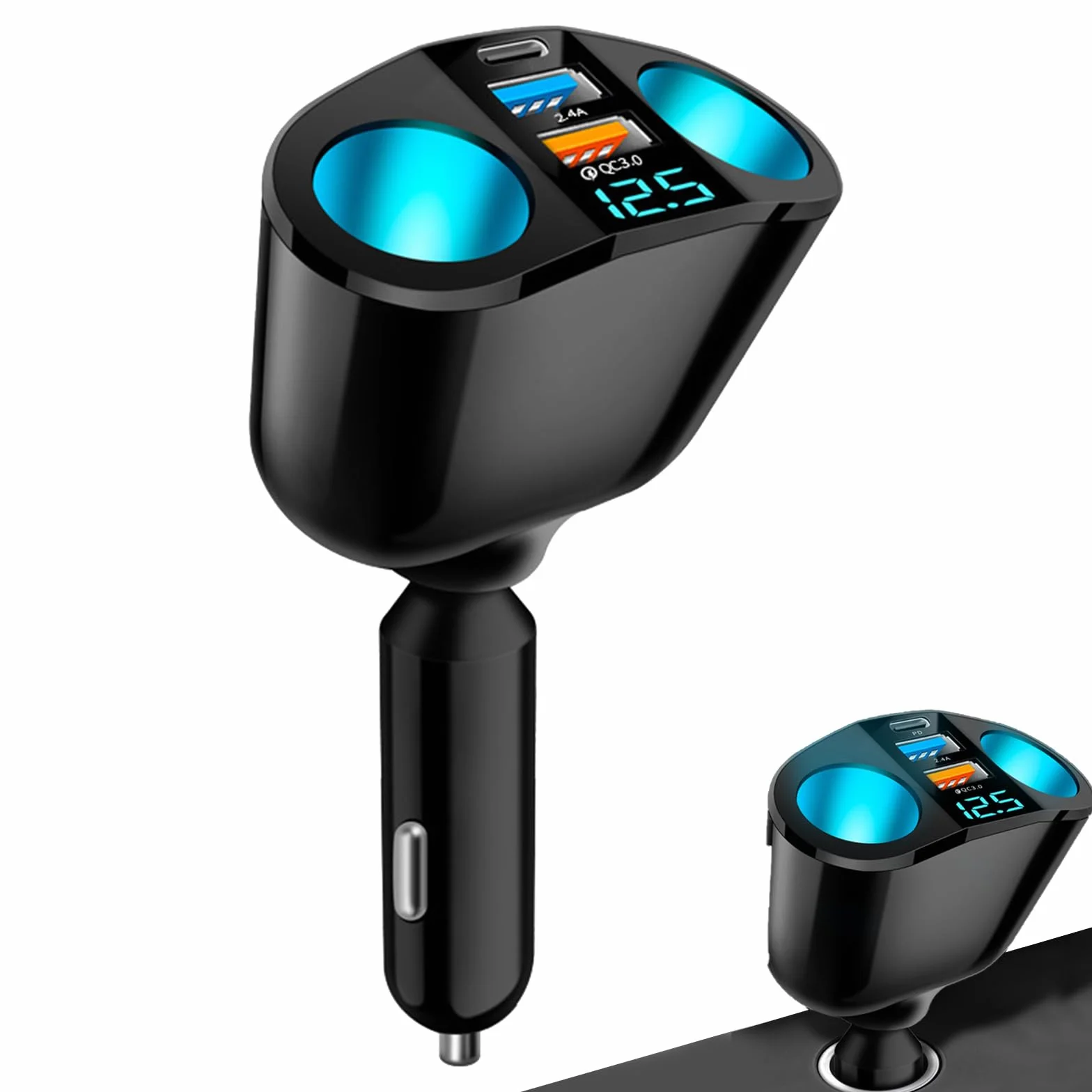 Double Prise Allume Cigare 12V, 120W Multiprise Allume Cigare QC3.0/PD/2.4A,Chargeur Voiture Allume Cigare USB avec Voltmètre LED Charge Rapide pour Téléphone GPS Caméra