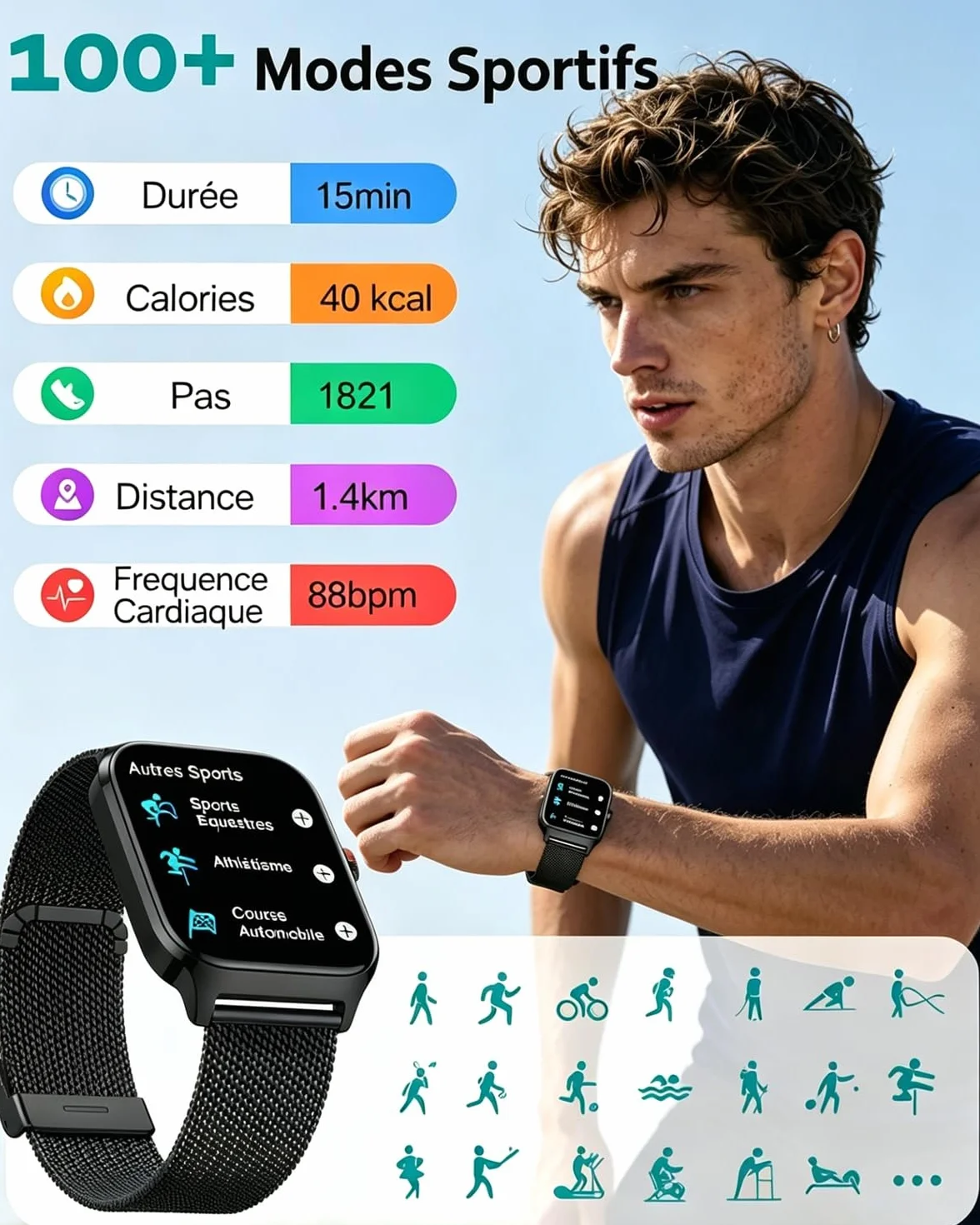 Popglory Montre Connectée pour Samsung Apple Android Phone, 1.85" Smartwatch Homme Femme avec Appel Bluetooth, Tensiomètre, Fréquence Cardiaque, SpO2, Stress, Sommeil, Podomètre, 100+ Sports, Cadeau