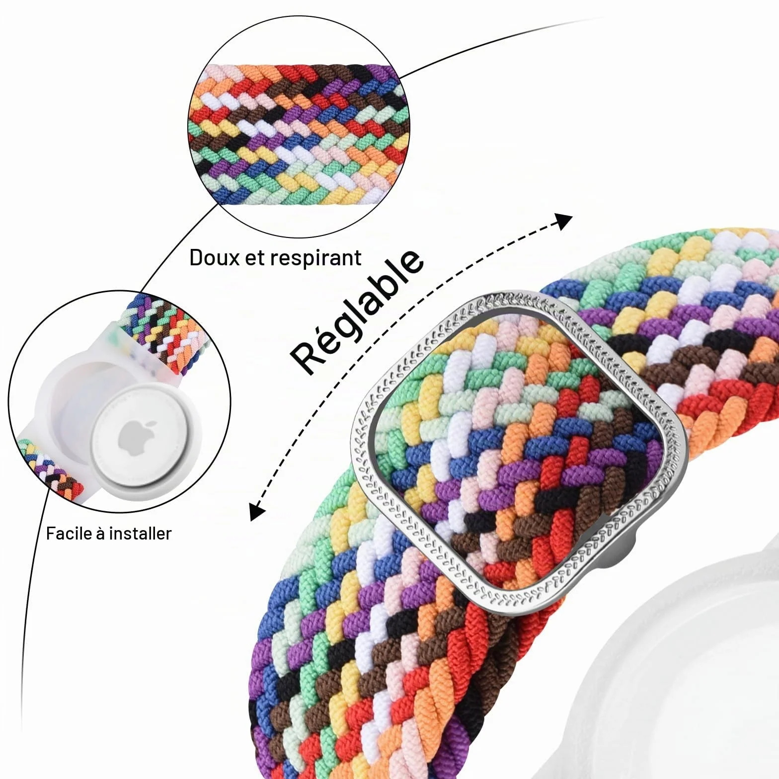 Vancle Bracelet Airtag Enfants, élastique Bracelet de Rechange, Coque Résistant aux Rayures, Facile à Porter, Couverture de Protection en Nylon Tressée pour Enfants et âgés, Arc Ciel