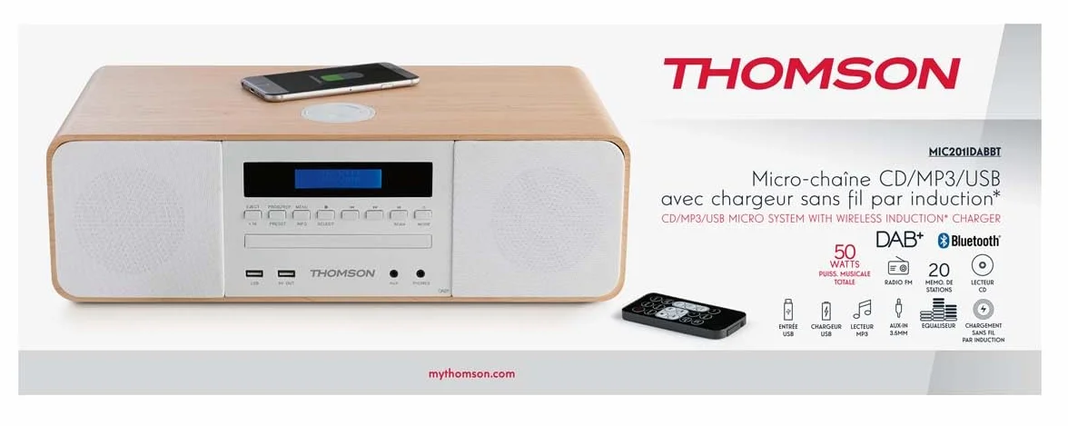 THOMSON Micro Chaîne Bluetooth Lecteur CD Enceinte HiFi 50W Radio FM DAB+ Chargeur Smartphone sans Fil Induction Compatible Iphone Samsung Galaxy Port Aux USB MP3
